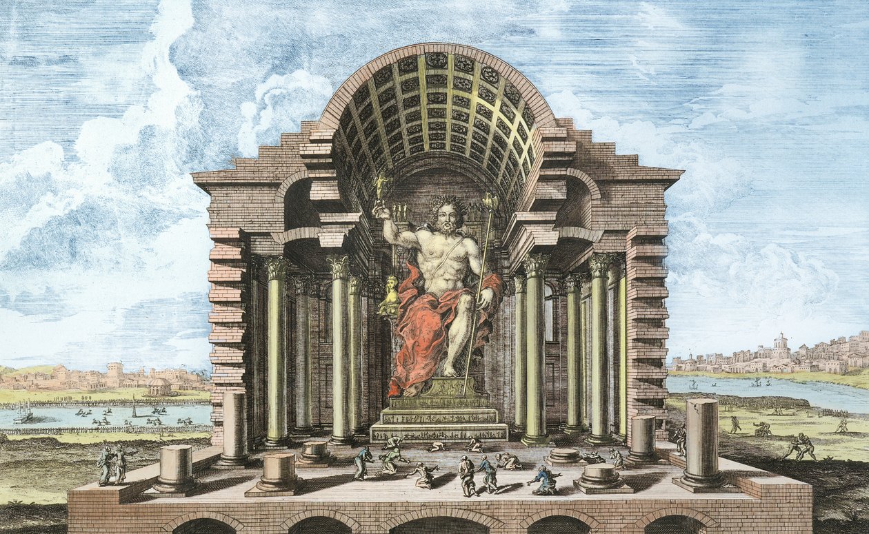 Phidias的奥林匹亚宙斯雕像，来自“历史建筑设计”的第5块，由Johann Adam Delsenbach（1687-1765）1721年刻（后期着色） 作者 埃拉赫（Erlach）的约翰·伯恩哈德·菲舍尔（Johann Bernhard Fischer）