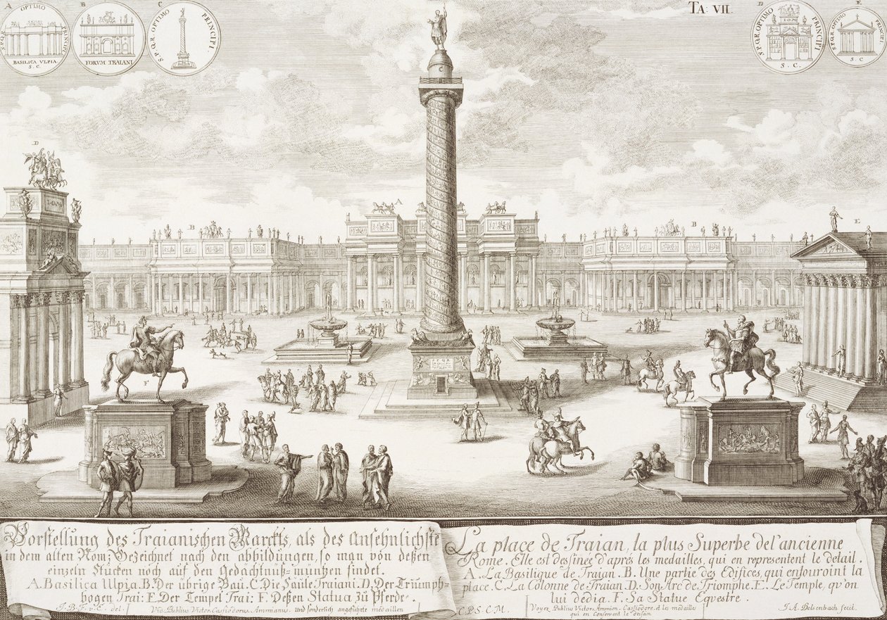图拉真广场罗马，来自&39;历史建筑的设计&39;，由Johann Adam Delsenbach（1687-1765）刻，1721年 作者 埃拉赫（Erlach）的约翰·伯恩哈德·菲舍尔（Johann Bernhard Fischer）
