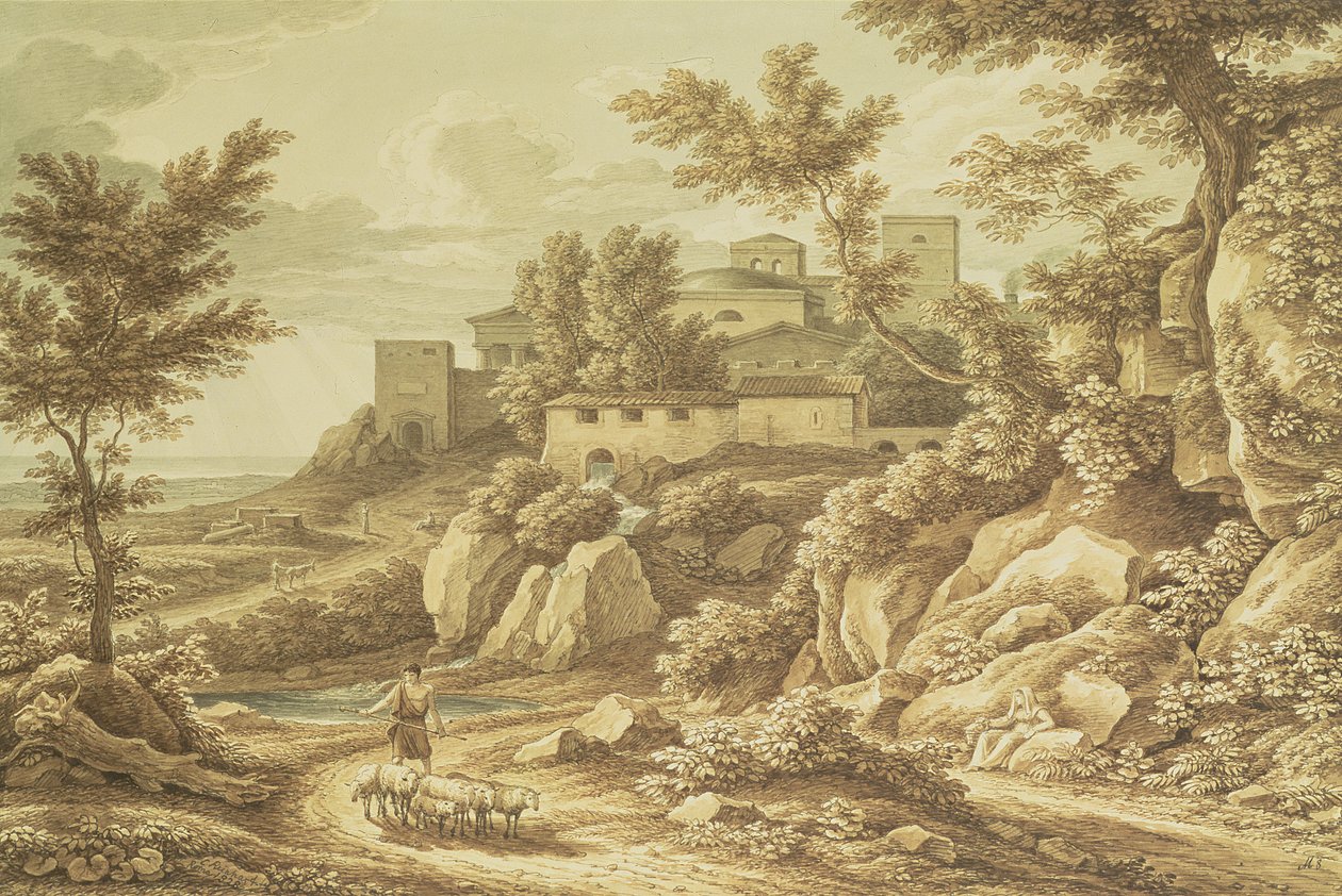 与牧羊人的古典风景，1828年（钢笔和墨水，洗涤，铅笔和wc） 作者 约翰·克里斯汀·赖因哈特（Johann Christian Reinhart）