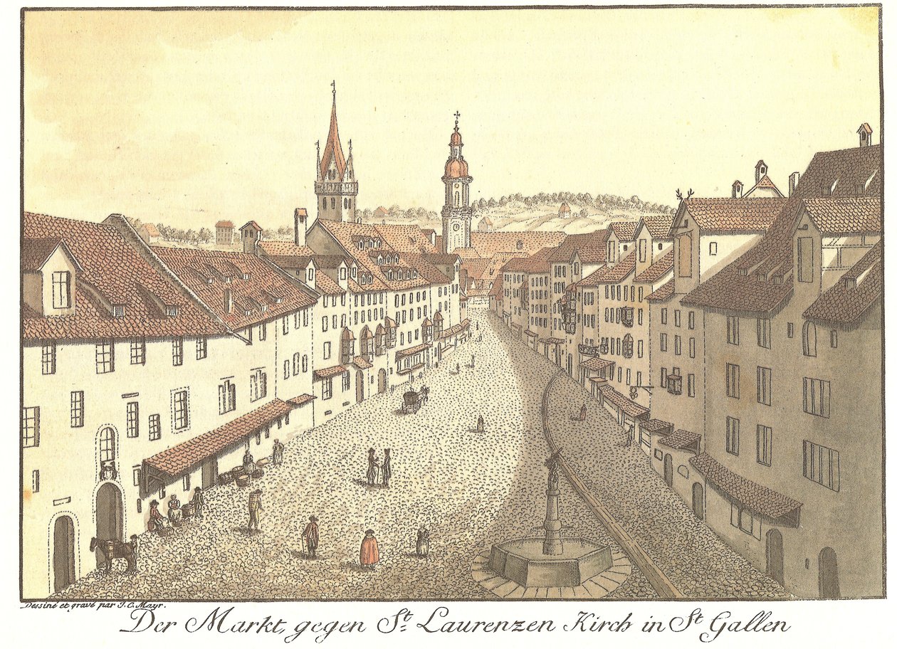 圣加仑St. Laurenzen教堂的市场（原标题） 作者 约翰·康拉德·迈尔（Johann Conrad Mayr）