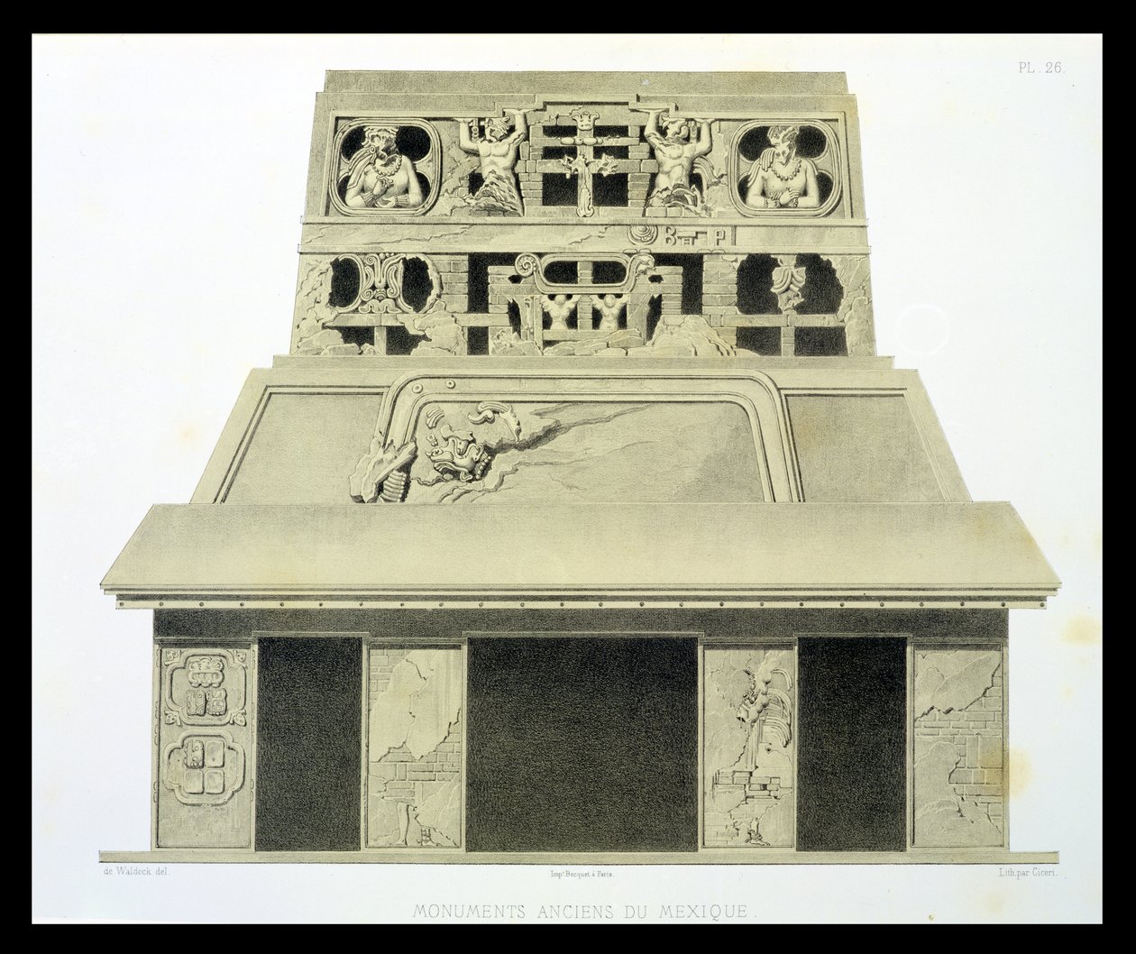 太阳神庙的立面，帕伦克，来自“墨西哥古迹”的板块26，由Eugene Ciceri（1813-90）雕刻1866年 作者 约翰·弗里德里希·马克西米利安·冯·瓦尔德克