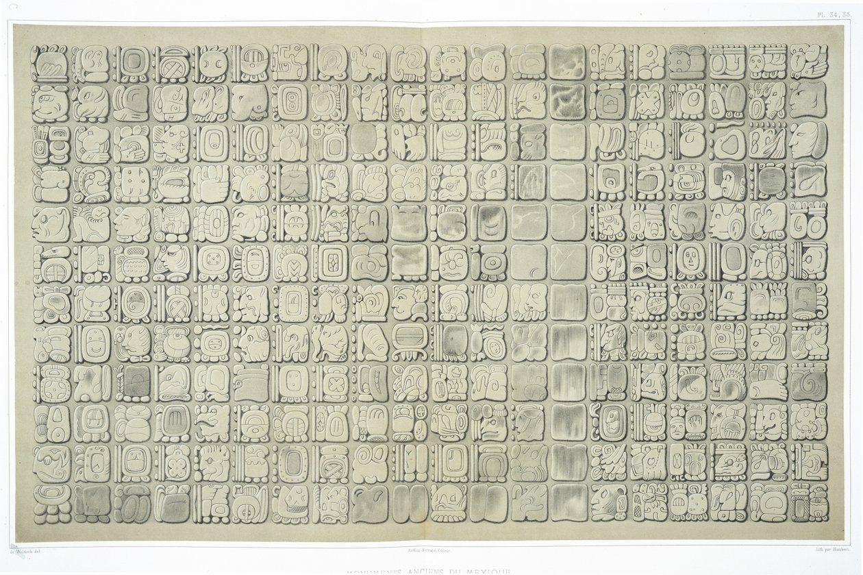 从铭文寺，帕伦克，c.692，来自&39;古代墨西哥古迹&39;的34和35号板刻的大型牌匾，刻有亨伯特，1866年 作者 约翰·弗里德里希·马克西米利安·冯·瓦尔德克