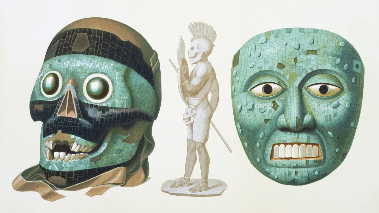 左：神Tezcatlipoca的头骨面具和右：代表神Quetzalcoatl或Tonatiuh的面具，c.1500，来自墨西哥古代纪念碑的43号板，由Jehenne雕刻，1866年 作者 约翰·弗里德里希·马克西米利安·冯·瓦尔德克