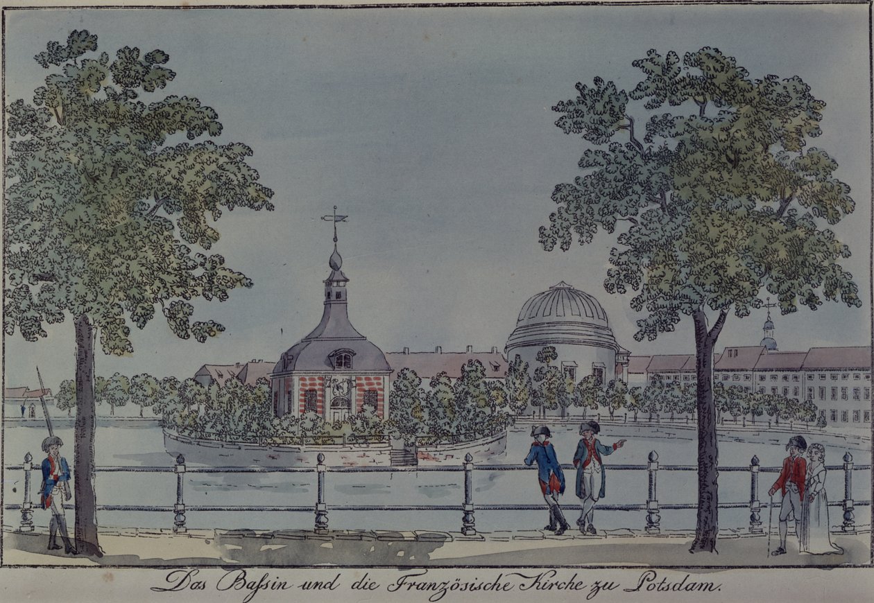波茨坦的游泳池和法国教堂，c.1796（笔和墨水和纸上的wc） 作者 约翰·弗里德里希·内格尔