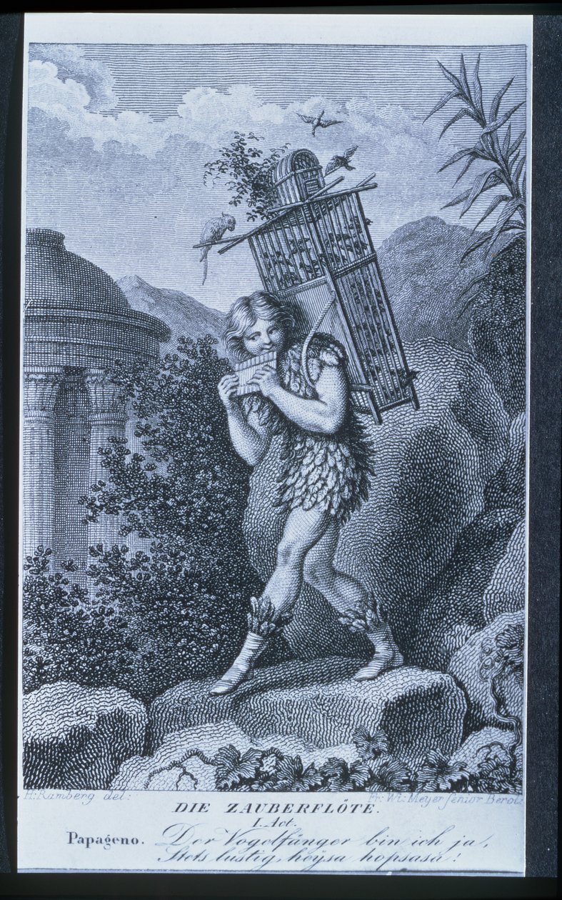 Papageno：我是捕鸟者，是的！永远性格开朗，小提琴，小提琴！由Wolfgang Amadeus Mozart（1756-91）创作的“The Magic Flute”第一幕，由Friedrich Wilhelm Meyer Senior（bc177）刻。 作者 约翰·海因里希·拉姆伯格