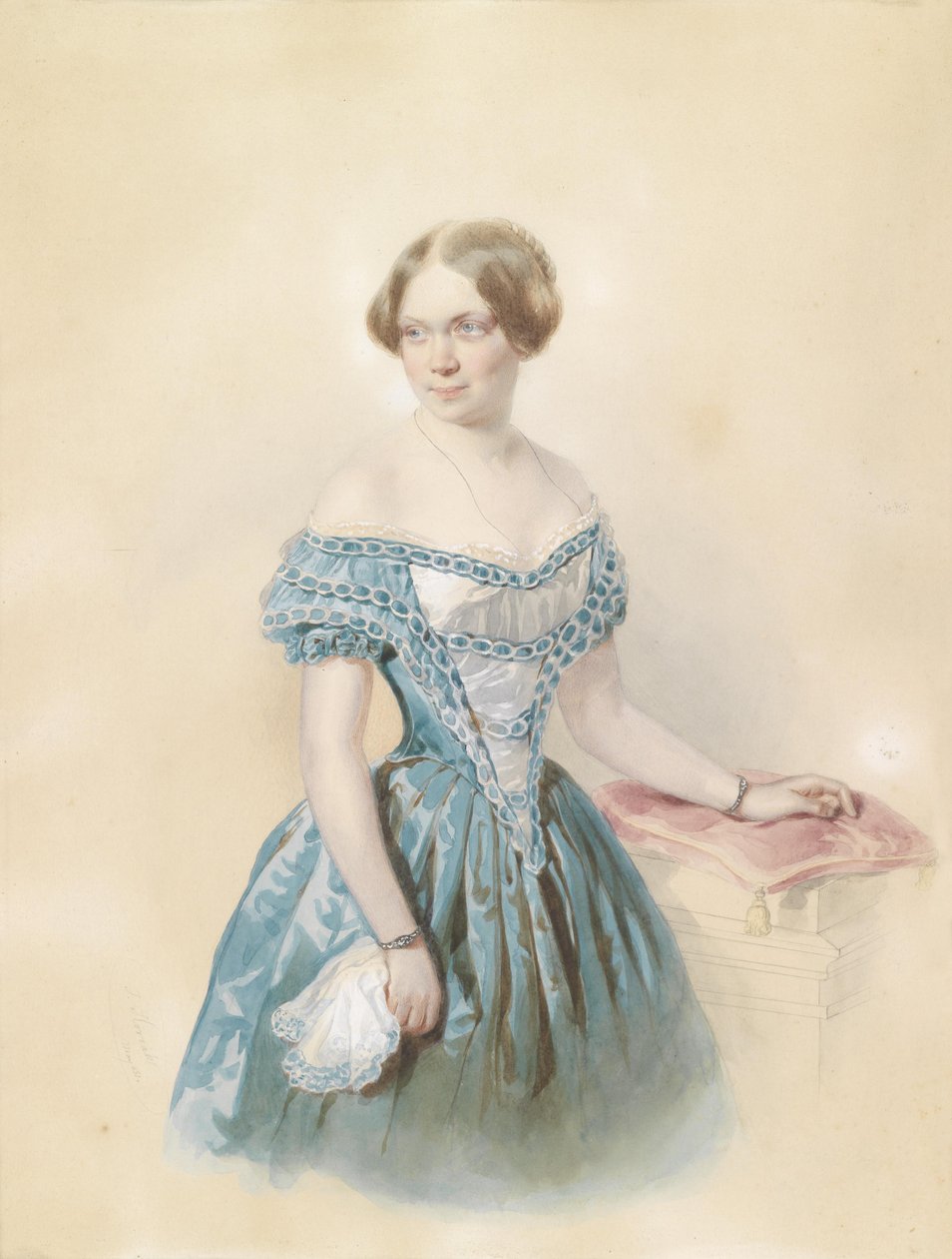 根据传统，一个年轻女子穿着蓝色衣服的肖像，年轻的Marie von Ebner Eschenbach 作者 约翰·内波穆克（Johann Nepomuk Horrak）