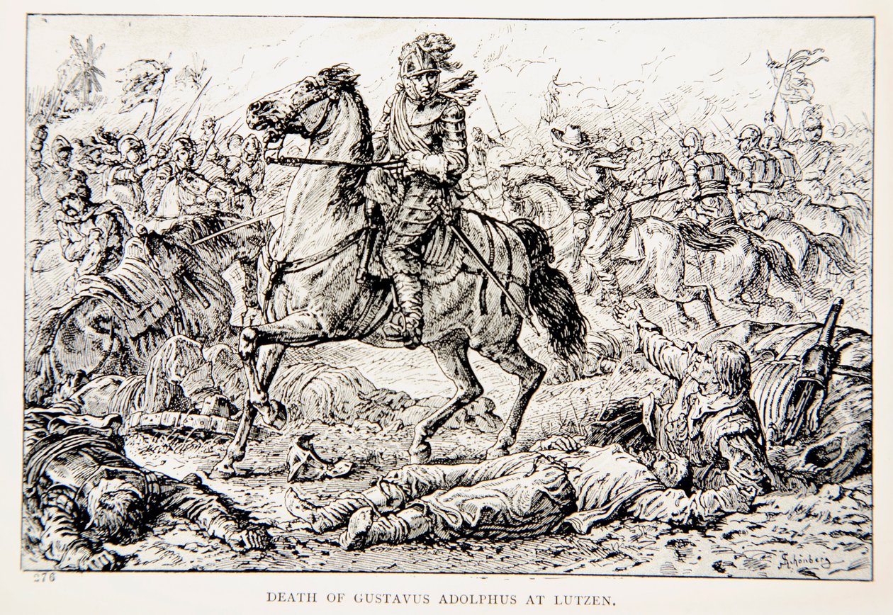 Lutzen的Gustavus Adolphus之死，来自“北方的狮子：Gustavus Adolphus时代的故事和宗教战争”的插图，GA Henty，pub。伦敦 作者 约翰·内波穆克·申伯格