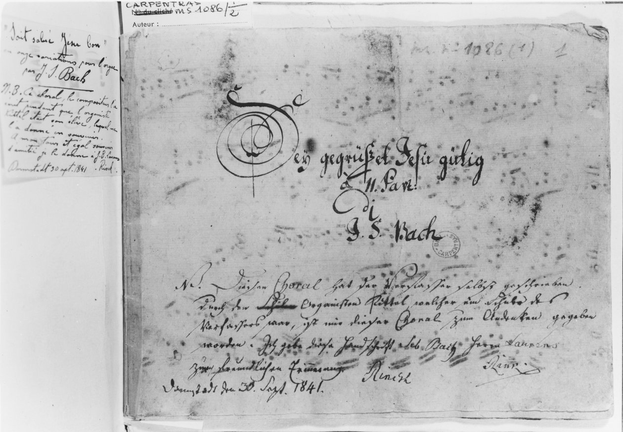 Johann Sebastian Bach对器官的合唱变奏曲：&39;Sei gegrusset，Jesu gutig&39;，由Linck的标题和注释，1841年手稿的购买者（ms 1086 fol.1） 作者 约翰·塞巴斯蒂安·巴赫（Johann Sebastian Bach）