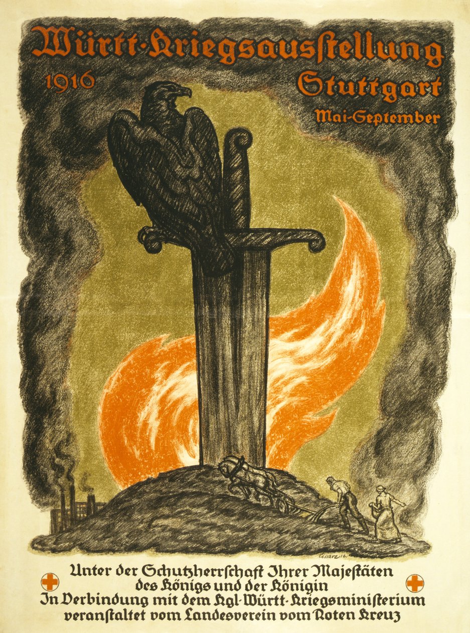 海报广告由红十字会Württ。战争展览赞助的战争展览，1916年斯图加特5月至9月，c.1916 作者 约翰·温琴兹·西萨尔兹（Johann Vincenz Cissarz）