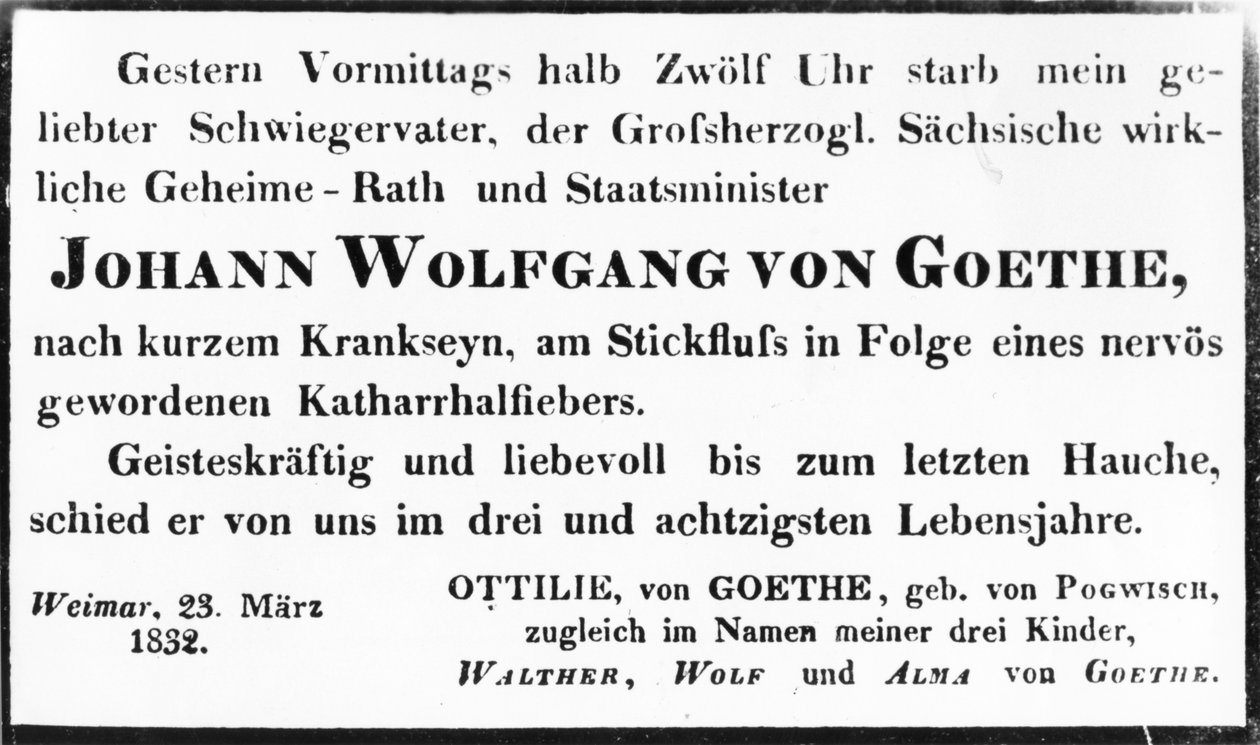 Johann Wolfgang von Goethe的死亡通知，1832年（打印） 作者 约翰·沃尔夫冈·冯·歌德