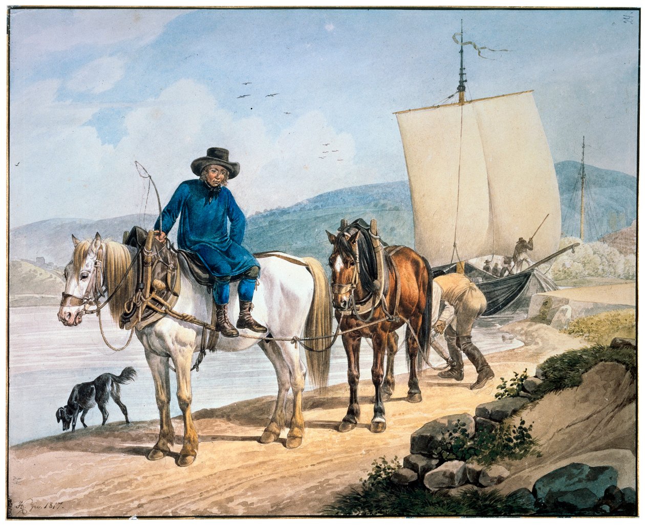 1817年，一辆马车在河上。 作者 约翰·亚当·克莱因（Johann Adam Klein）