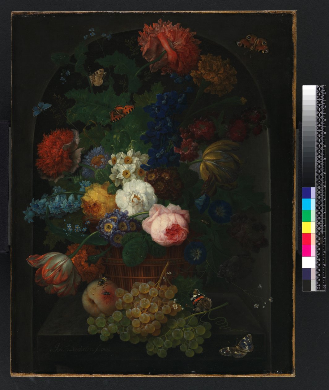 A basket of flowers with fruit 作者 约翰·巴蒂斯特·德莱克斯勒