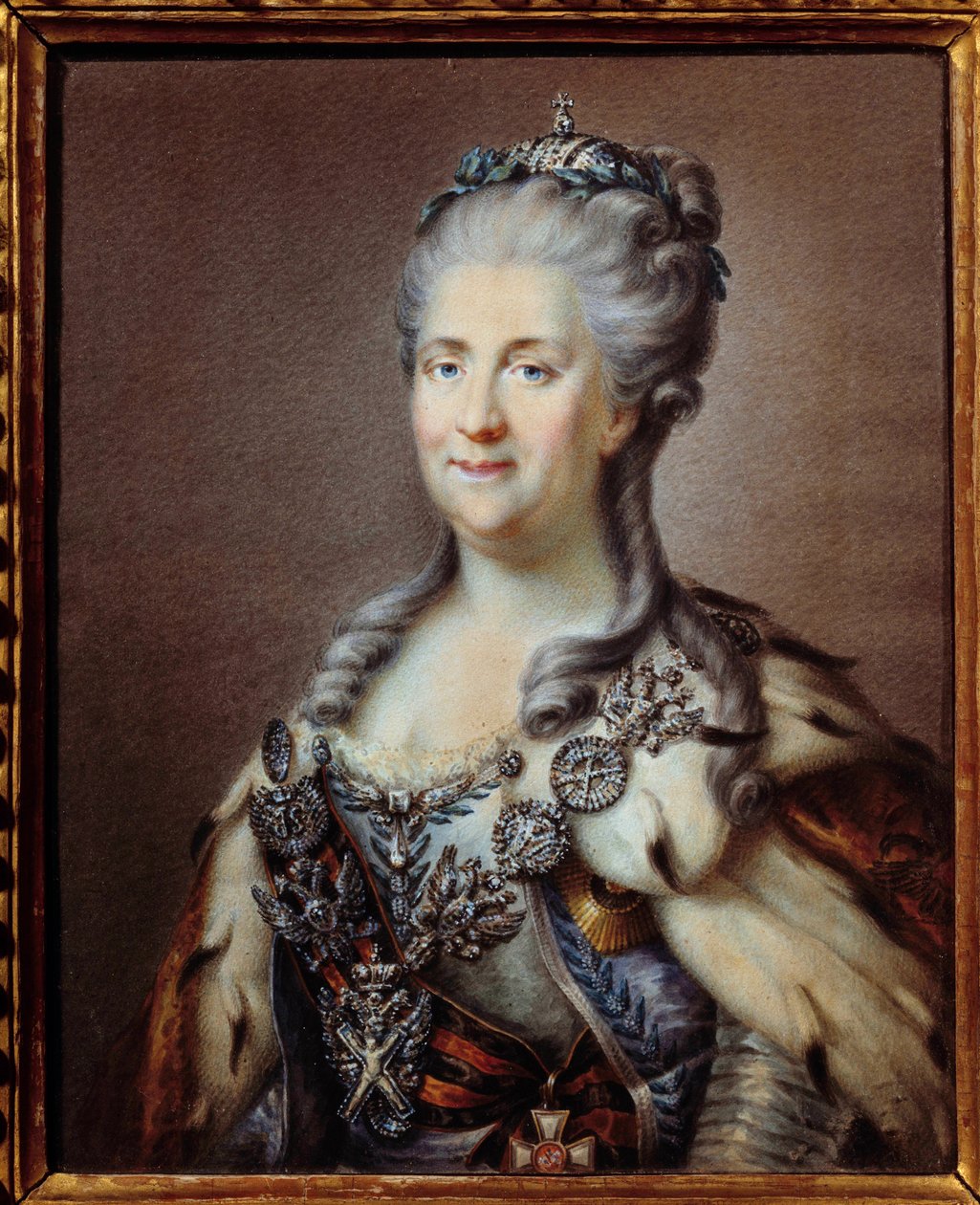 根据约翰·巴普蒂斯特·冯·兰皮 (Johann Baptist von Lampi) (1751-1830) 巴黎的画作，俄罗斯的叶卡捷琳娜二世 (1729-1796) 的肖像与圣安德烈的项链和 18 世纪无名圣乔治水彩画的十字架绳索， 博物馆 作者 约翰·浸信会一世（后）兰皮