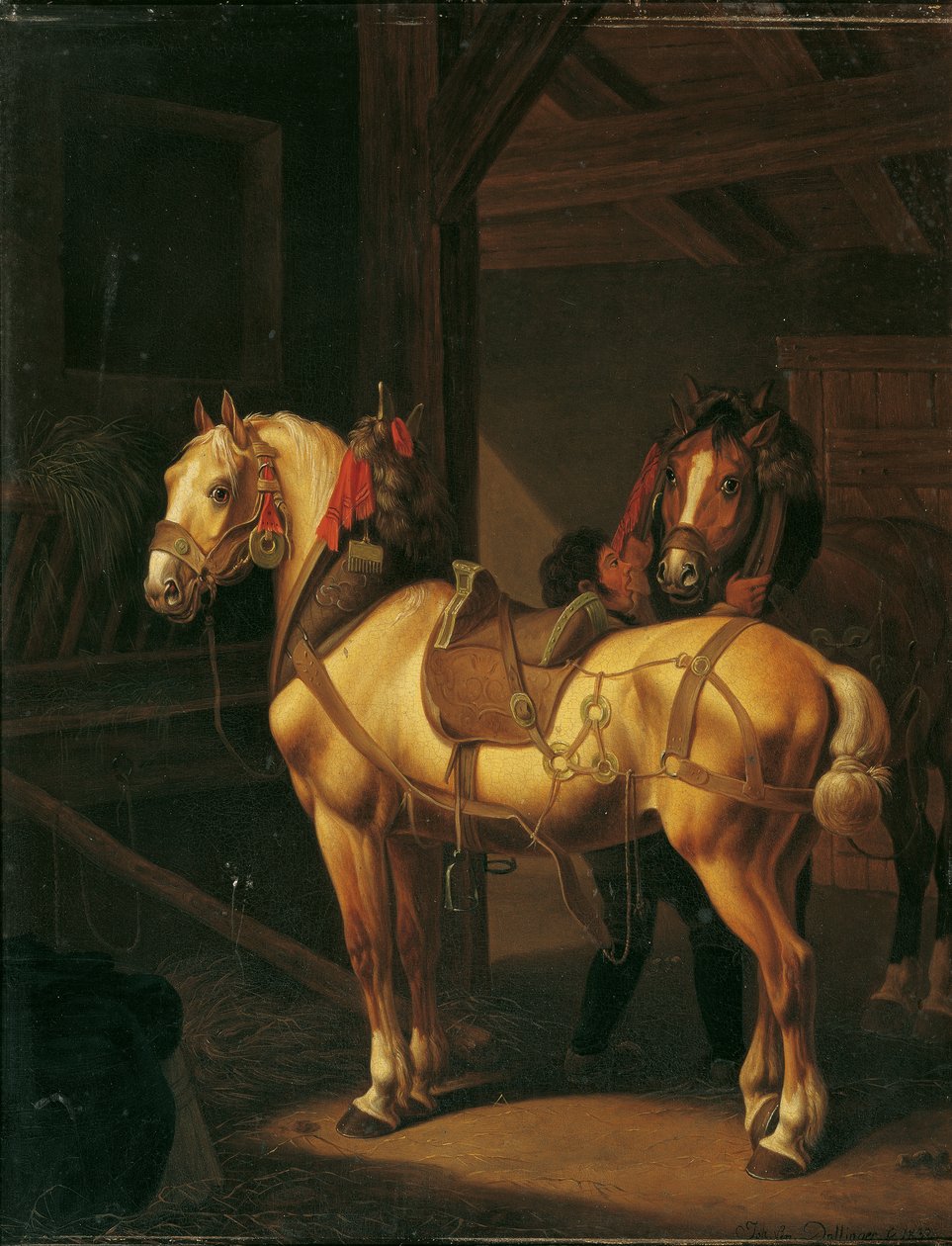 马厩里的两匹骏马 作者 来自 Dalling 的 Johann Baptist Michael Dallinger