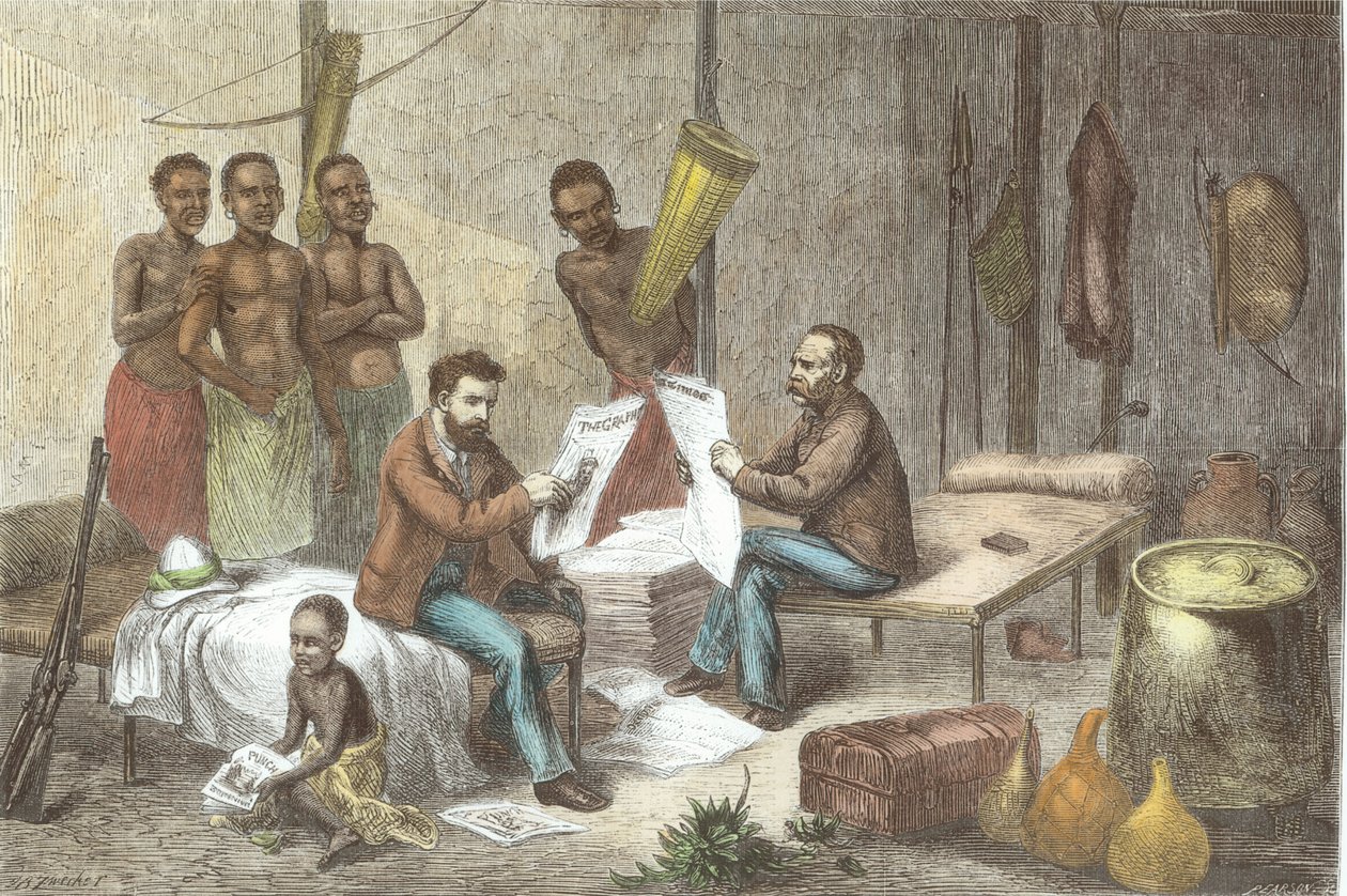 大卫·利文斯通博士（1813-73）和亨利·莫顿·斯坦利先生（1841-1904）在中非接收报纸，由皮尔逊（后来的着色）雕刻 作者 约翰·施洗约翰·泽克