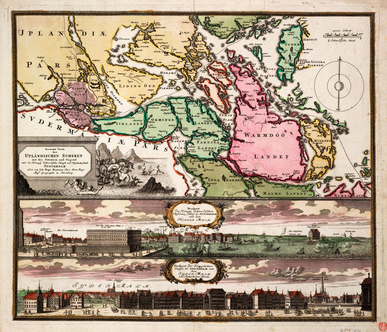 约 1740 年绘制的准确的高地剪切地图，以及瑞典皇家首都和斯德哥尔摩居民城周围的情况和区域（彩色雕刻） 作者 约翰·巴普蒂斯塔·霍曼