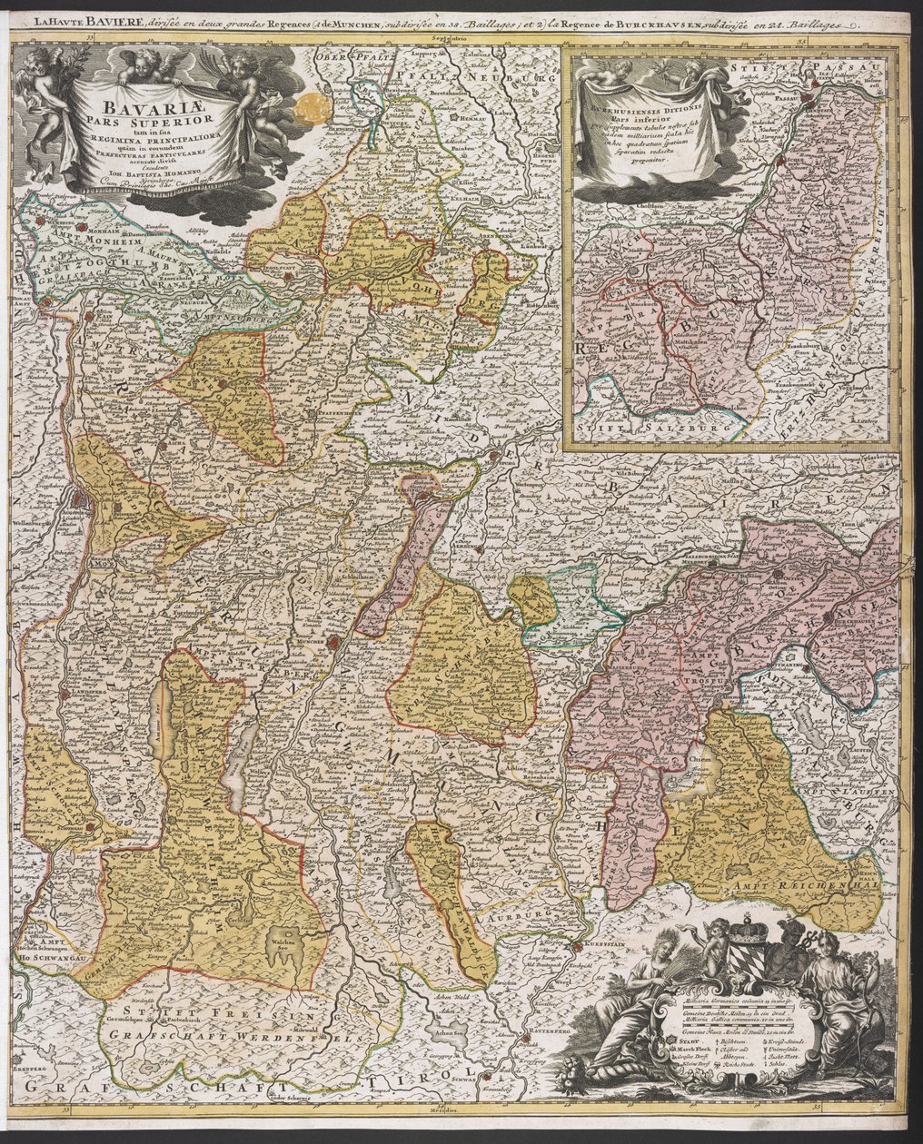 巴伐利亚地图，"Bavariæ Pars Superior"，1715 年之后（彩色版画） 作者 约翰·巴普蒂斯塔·霍曼