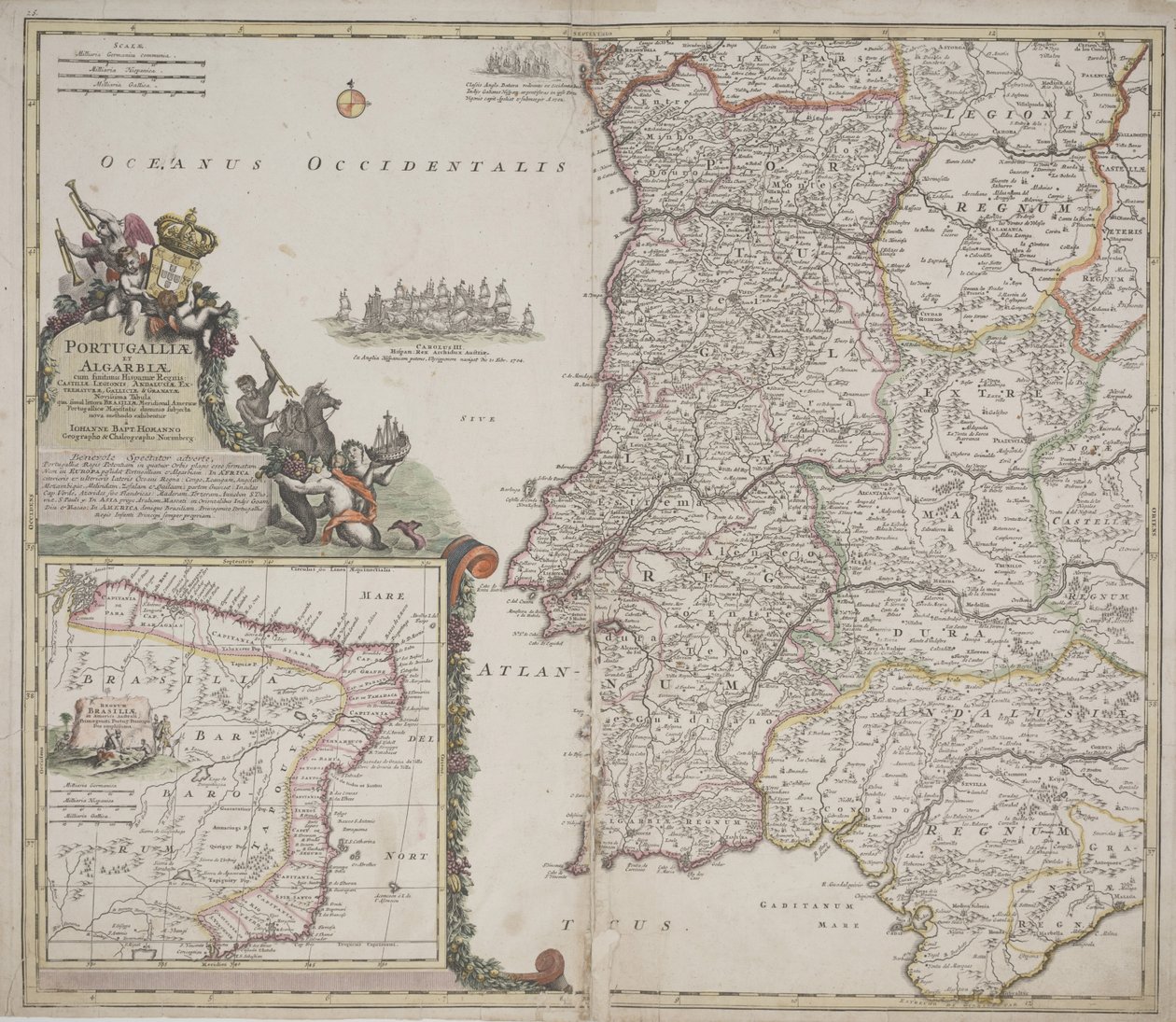 葡萄牙和阿尔加维（Portugalia et Algarbiae），约1704年（手绘蚀刻画）。 作者 约翰·巴普蒂斯塔·霍曼