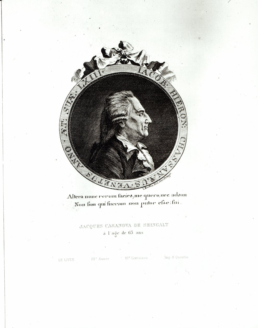 Giacomo Casanova（1725-98）的纪念画像年龄63,1788（雕刻）（bw照片） 作者 约翰·伯卡（Johann Berka）