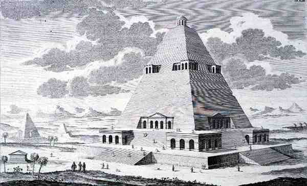 埃及底比斯城外的金字塔，出自《历史建筑设计》（Entwurf einer historischen Architektur）。 作者 约翰·伯恩哈德（后）菲舍尔·冯·埃拉赫