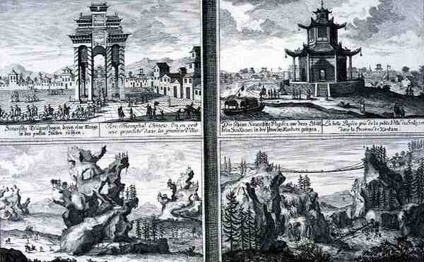 展示中国凯旋门的四幅作品，位于中国山东省的Sinkicien的一座塔，人工山和洞穴，以及靠近京东镇的一座链式桥，出自《历史建筑学》（Entwurf einer historischen Architektur），由Johann Adam Delsenb刻制。 作者 约翰·伯恩哈德（后）菲舍尔·冯·埃拉赫