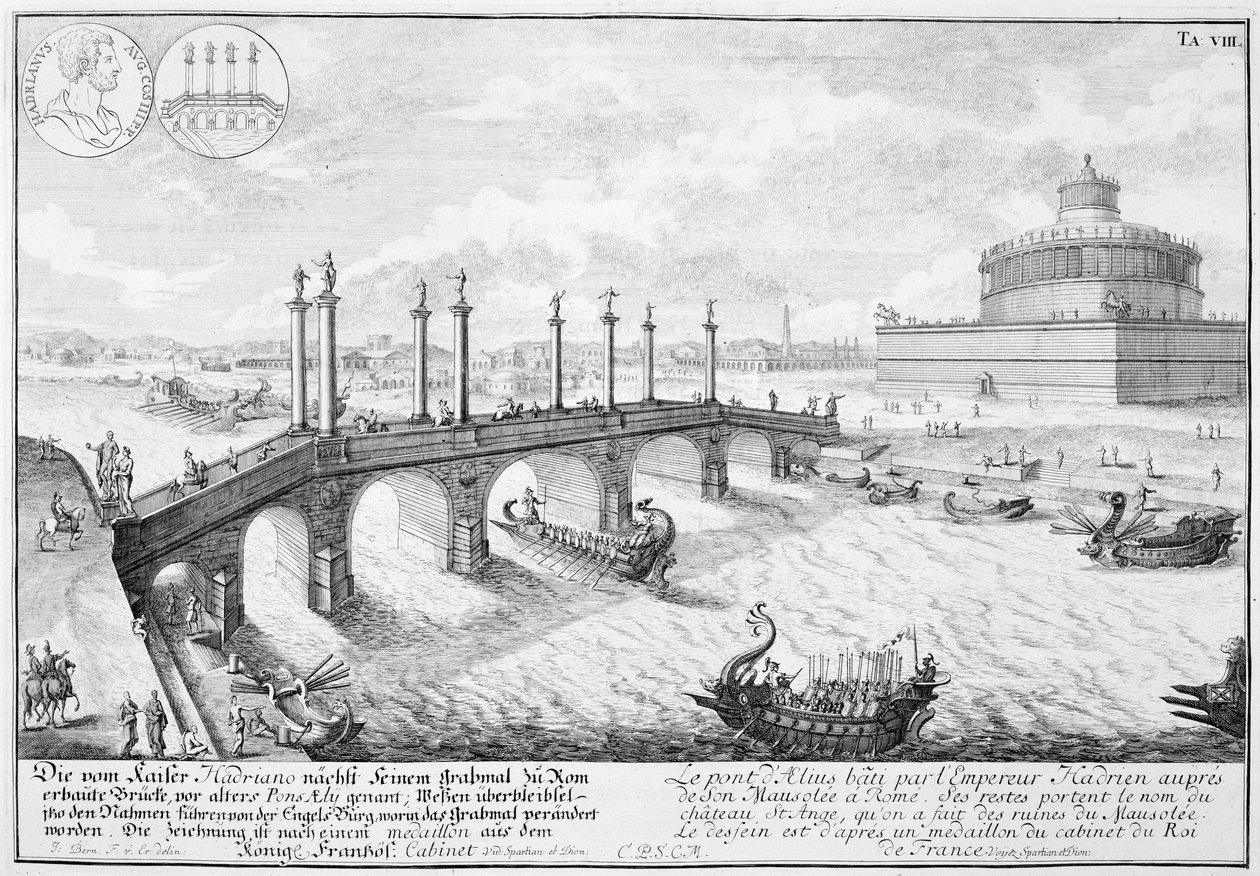 罗马的Aelius桥和哈德良陵墓（Castel Sant&39;Angelo），来自“历史建筑的设计”，1721年 作者 埃拉赫（Erlach）的约翰·伯恩哈德·菲舍尔（Johann Bernhard Fischer）