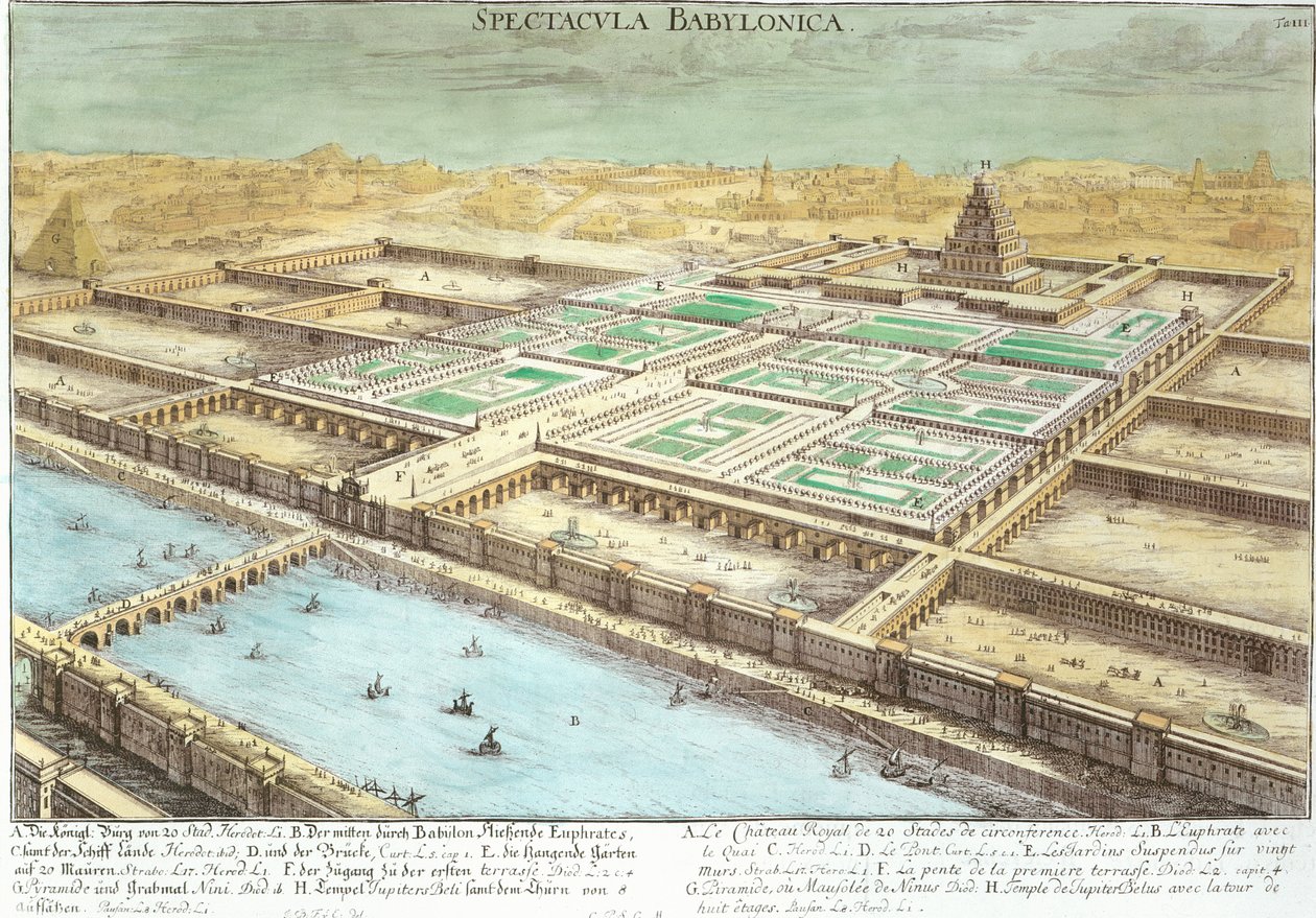 古代巴比伦的视图显示空中花园和木星贝鲁斯神庙，板3来自&39;Entwurf einer historischen Architektur&39;，由Johann Adam Delsenbach（1687-1765）1721刻（engravi 作者 埃拉赫（Erlach）的约翰·伯恩哈德·菲舍尔（Johann Bernhard Fischer）