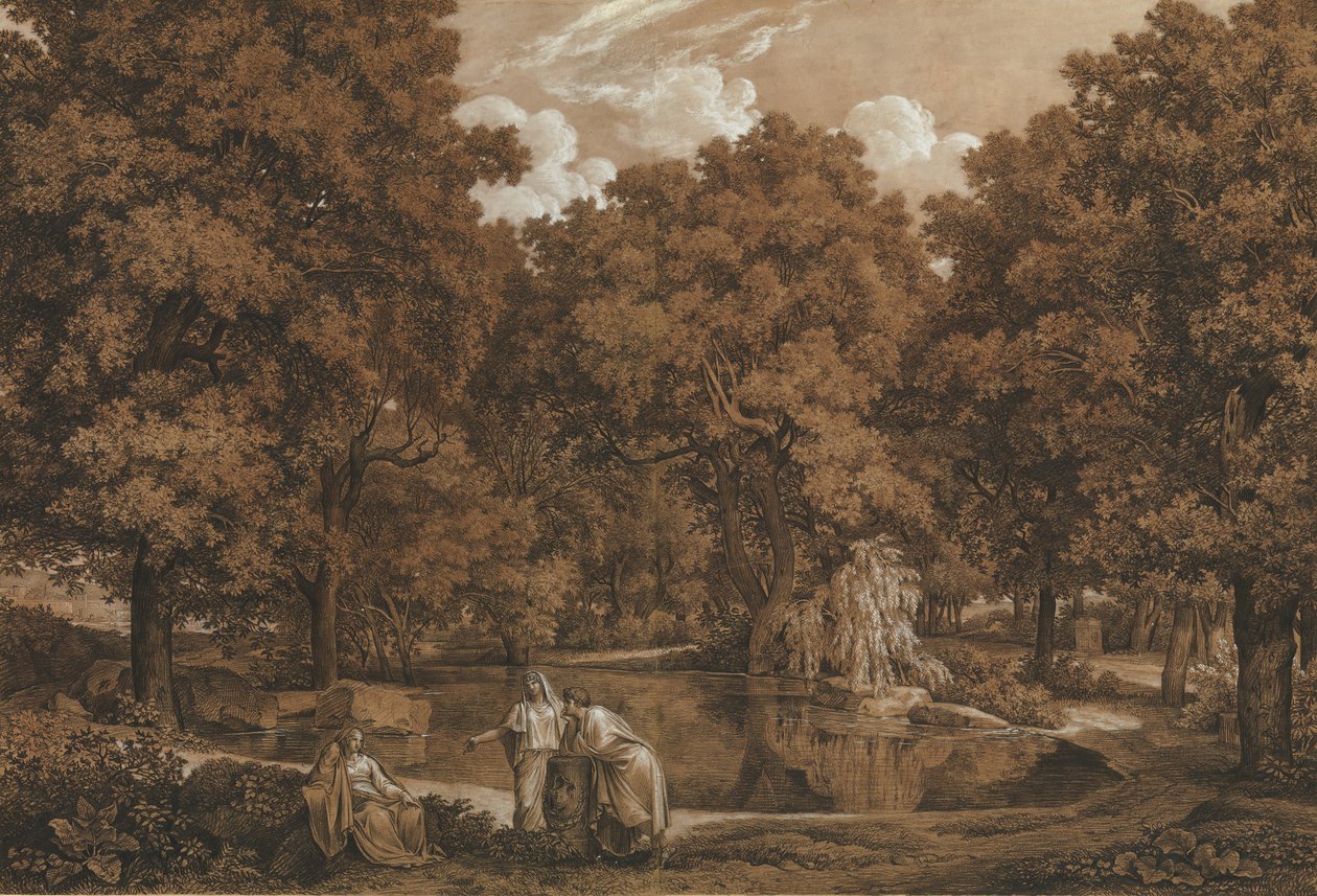 阿卡迪亚风景与湖边的三个人物，1792年。 作者 约翰·克里斯汀·赖因哈特（Johann Christian Reinhart）