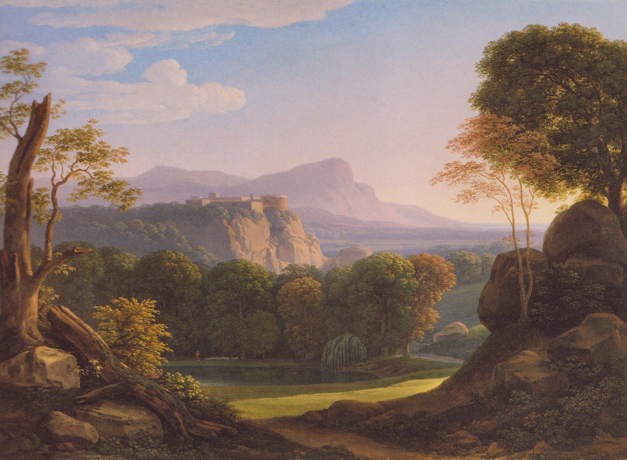 德语： Italienische Landschaft mit Schloss auf einem Bergrücken 意大利景观，山脊上有城堡 作者 约翰·克里斯汀·赖因哈特（Johann Christian Reinhart）
