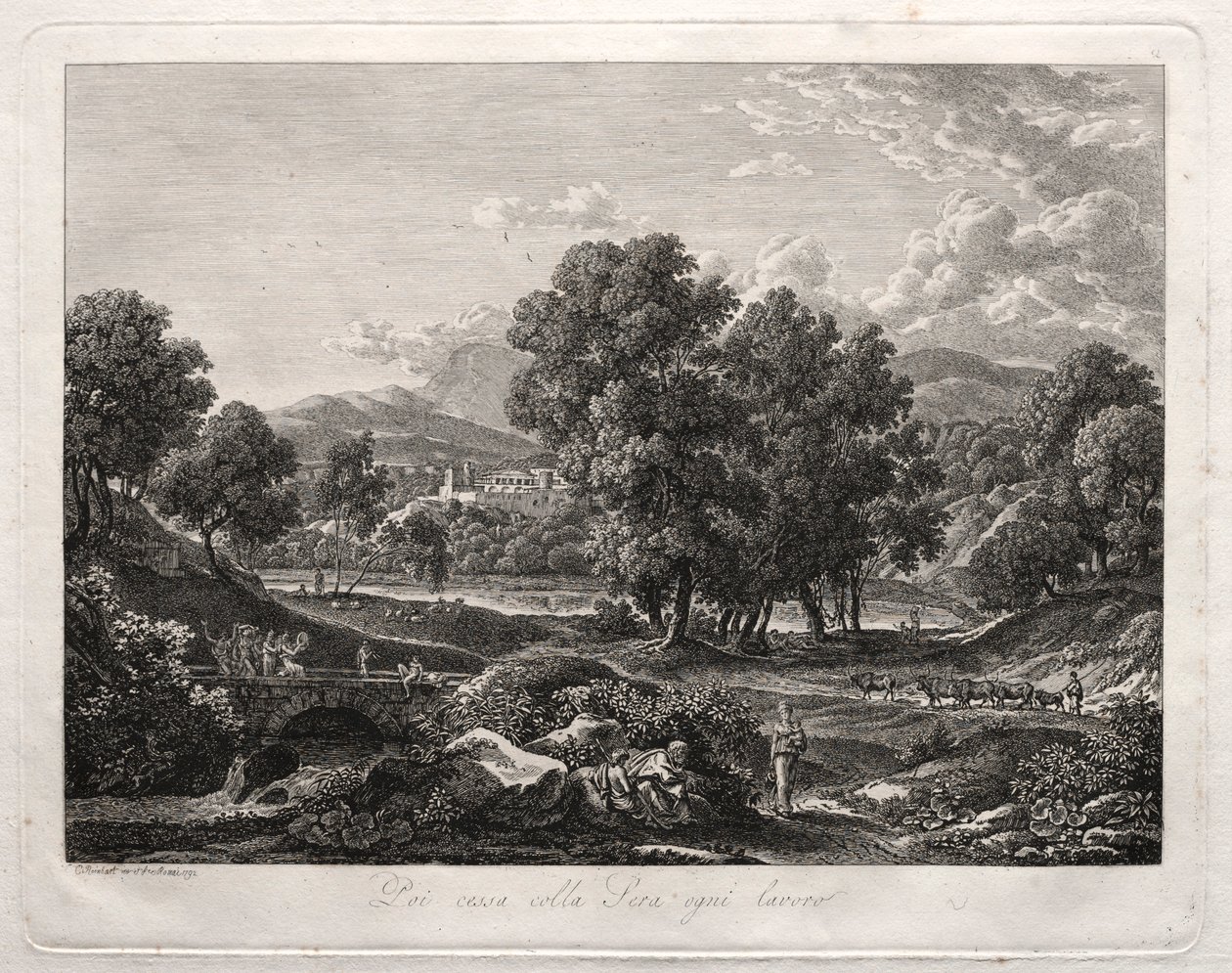 英勇的风景：1792年，在桥上的牧羊人舞。 作者 约翰·克里斯汀·赖因哈特（Johann Christian Reinhart）