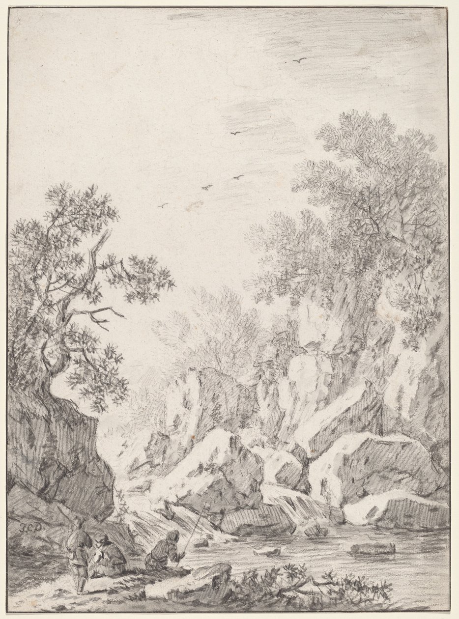 岩石悬崖边的瀑布，1750年代。 作者 约翰·克里斯托夫·迪茨施（Johann Christoph Dietzsch）