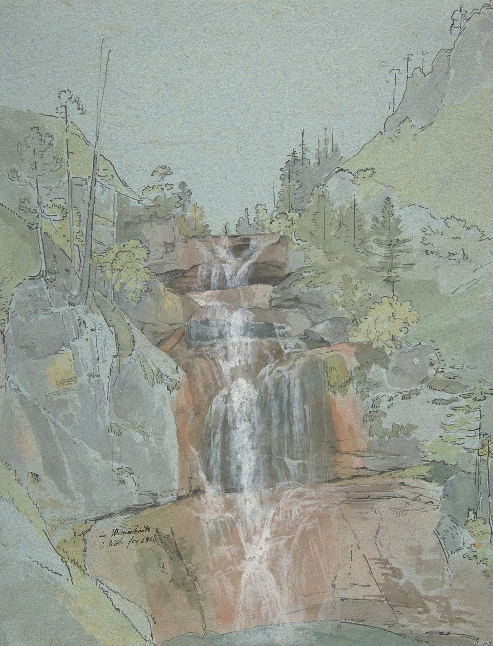 有瀑布的风景，1816年。 作者 约翰·克里斯托夫·里斯特