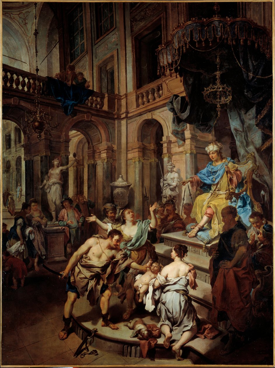 所罗门的审判 两个女人假装是同一个孩子的母亲。 Johann Conrad Seekatz (1719-1768) (ec.all.) 18 世纪布列斯特美术博物馆的绘画 作者 约翰·康拉德·西卡兹（Johann Conrad Seekatz）