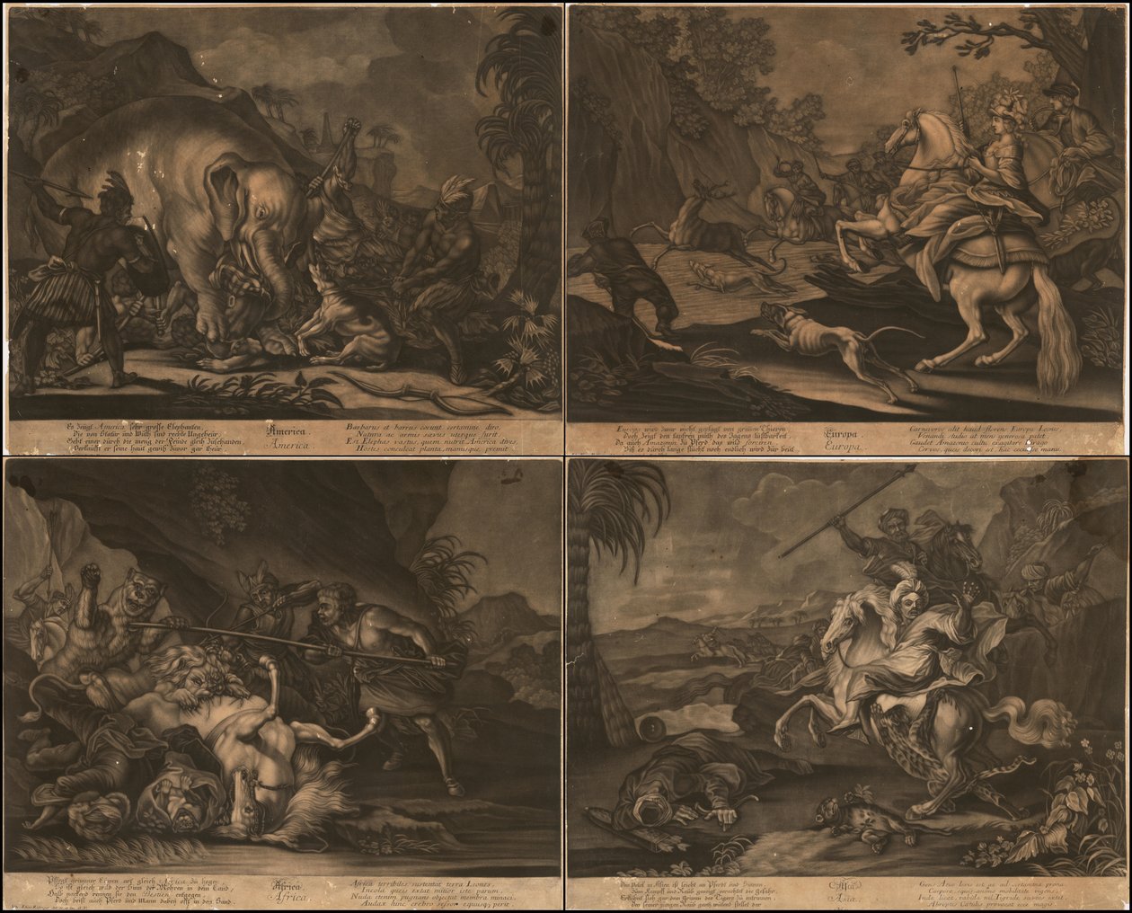 约 1770 年1770 年非洲、亚洲、美洲和欧洲的寓意插图，共一页 作者 约翰·埃利亚斯·瑞丁格