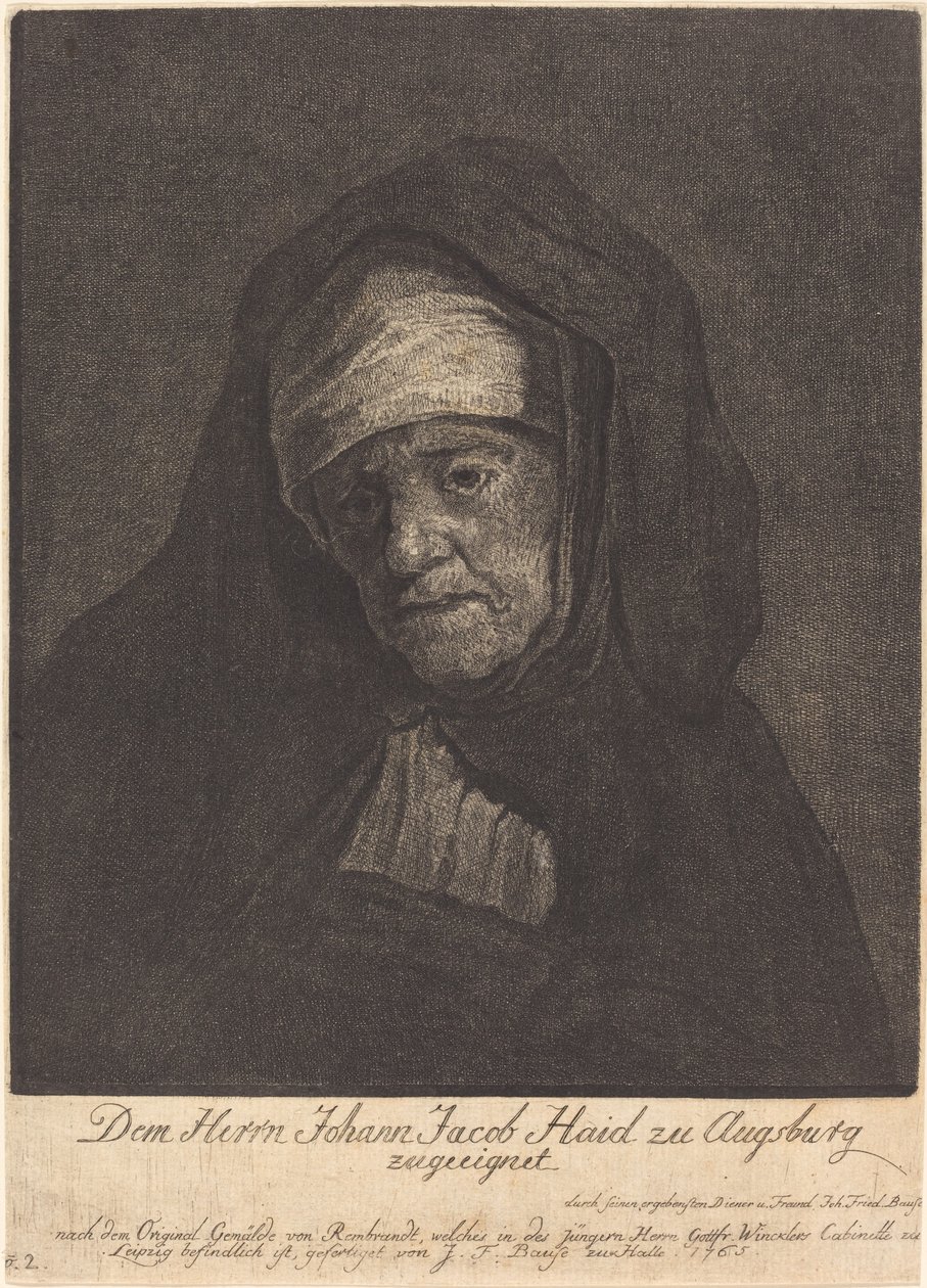 老年妇女的头部 作者 Johann Friedrich Bause 模仿 Rembrandt van Rijn