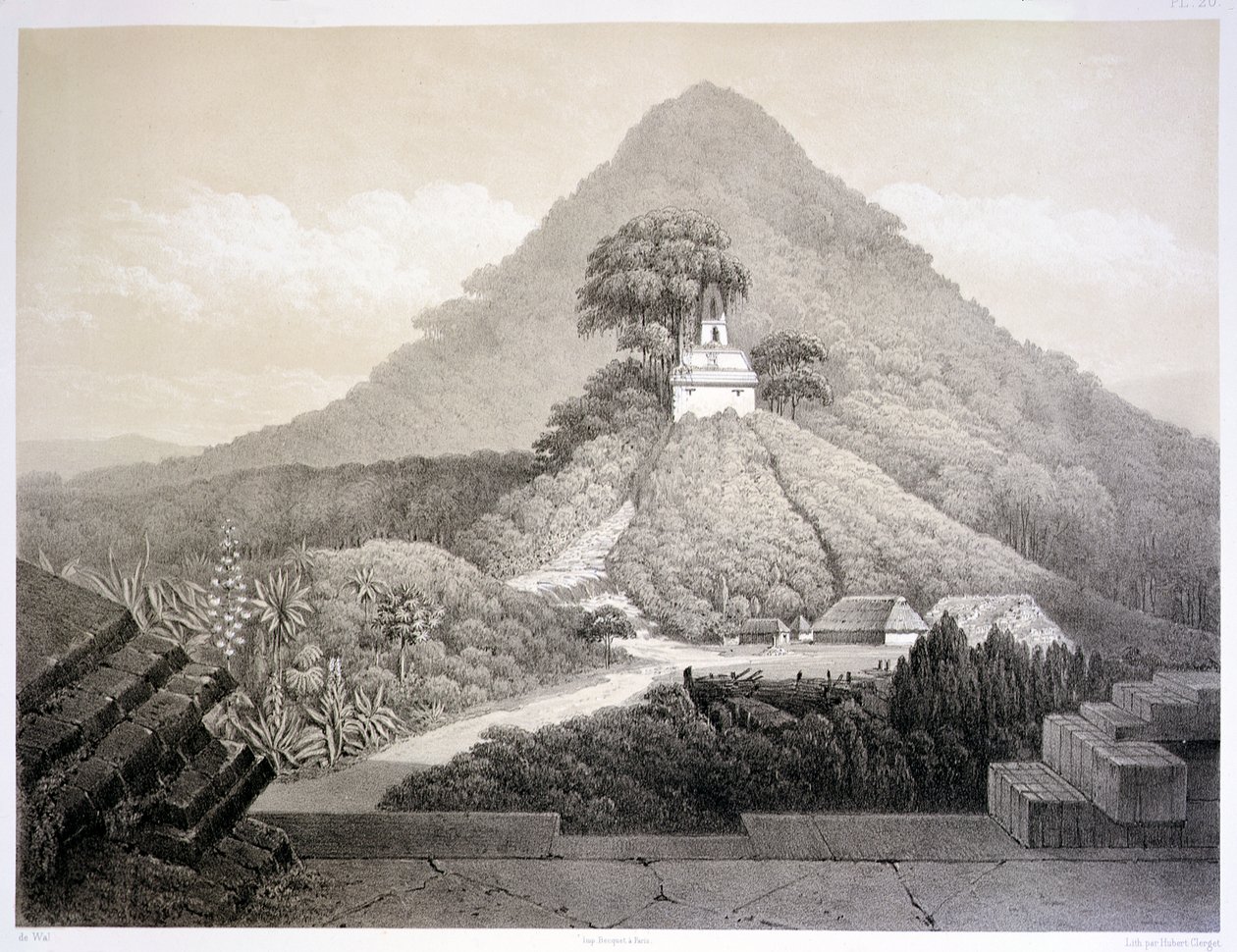 帕伦克十字架神庙的风景如画，来自“墨西哥古代纪念碑”的第 20 版，由 Hubert Clerget (1818-99) 1866 年雕刻（石版画） 作者 约翰·弗里德里希·马克西米利安·冯（后）沃尔德克