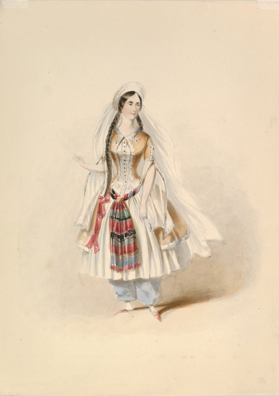 莫扎特(W.A. Mozart)《从塞拉格里奥来的绑架》中的金发女郎的服装研究，约1830-50。 作者 约翰·乔治·克里斯托弗·弗里斯