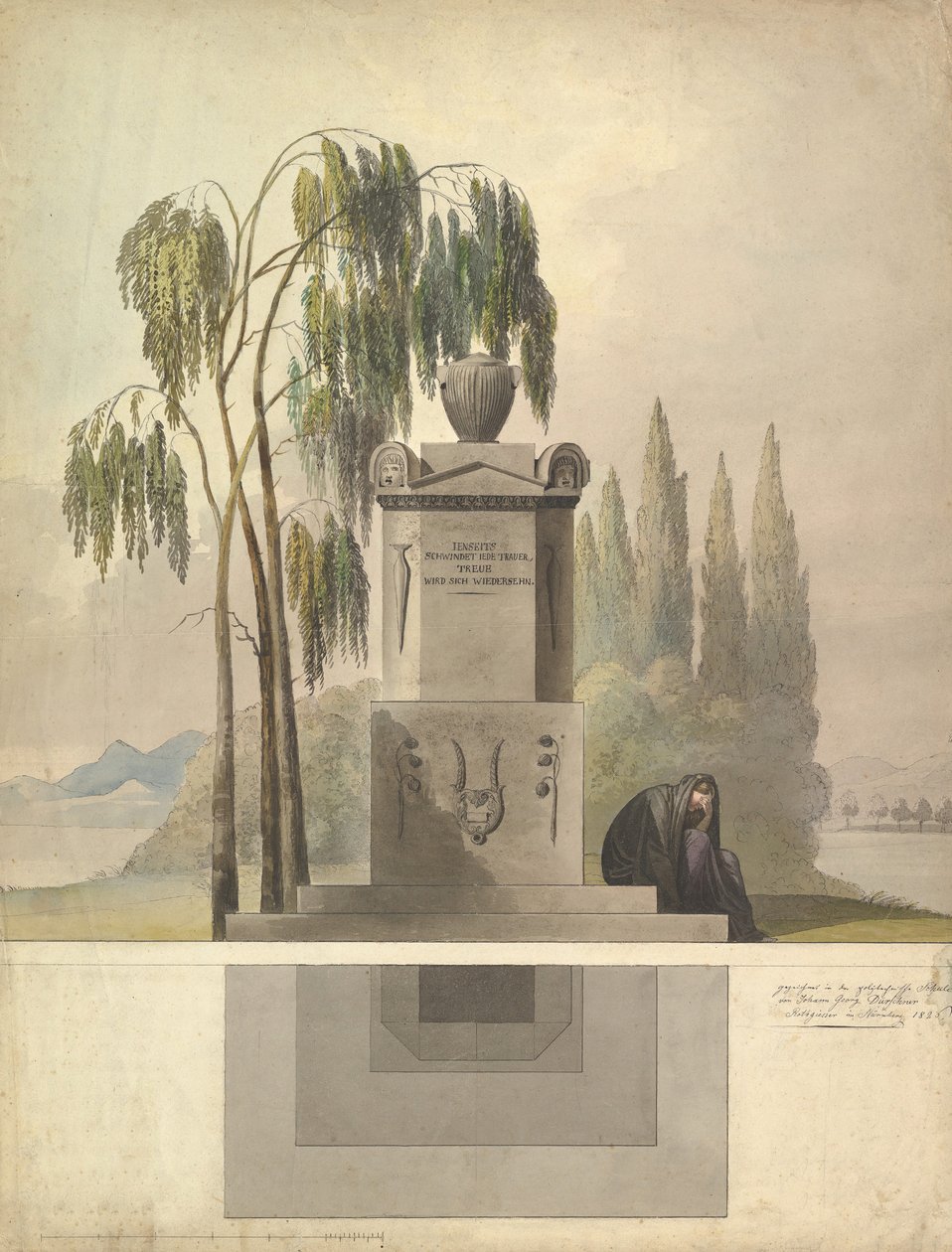 坟墓设计，纽伦堡的Rothgeisser立面图和地面图，1826年。 作者 约翰·格奥尔格·杜施纳