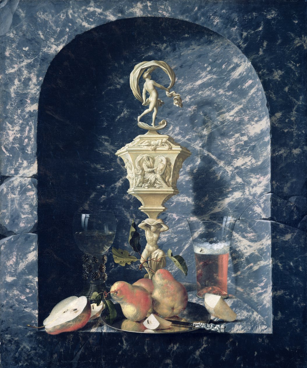 静物与装饰的高脚杯，水果和眼镜在石壁龛，1682年 作者 约翰·格奥尔格·欣茨