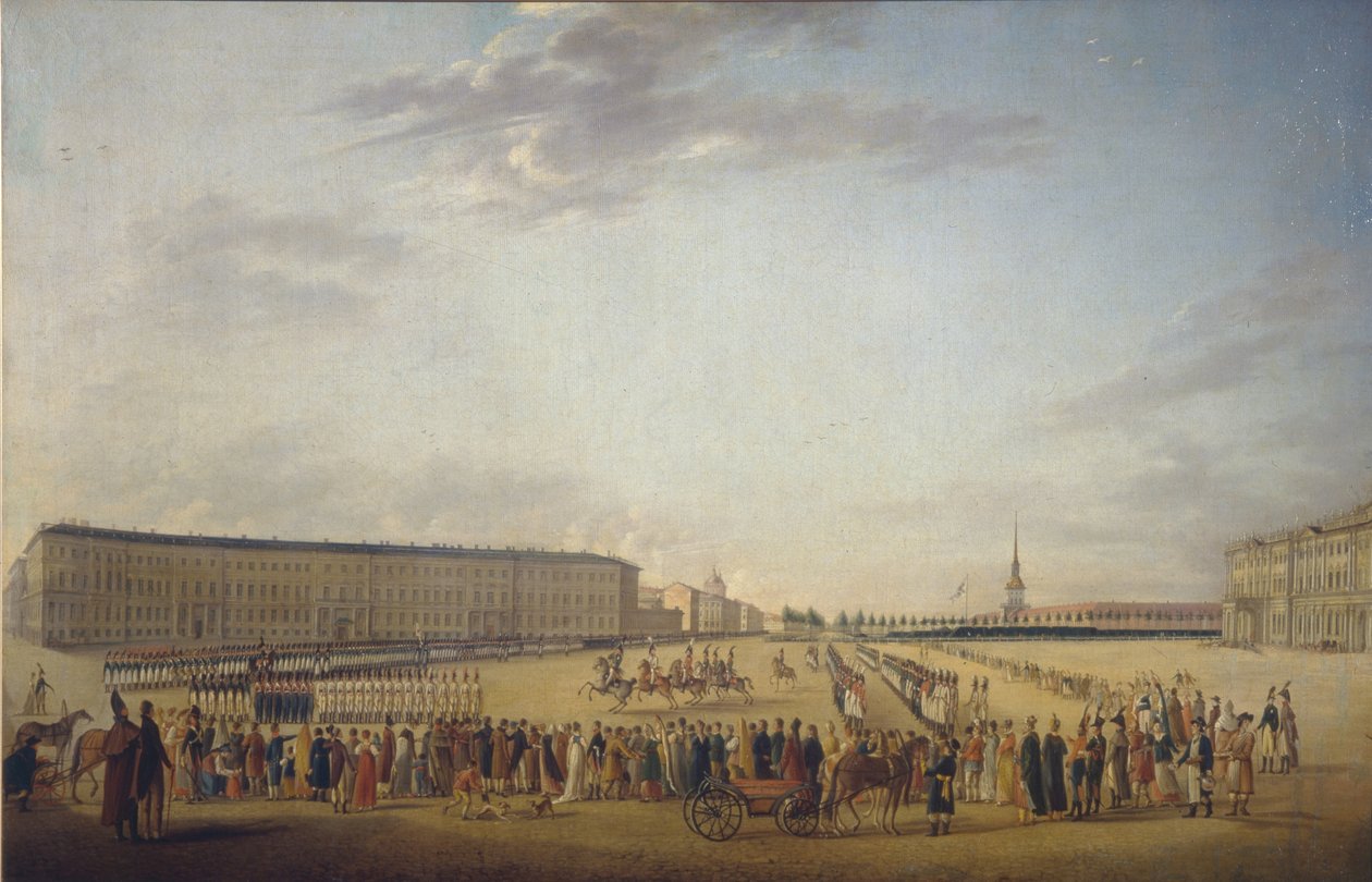 在圣彼得堡宫殿广场换岗，c。 1800 作者 约翰·乔治·迈尔（Johann Georg Mayr）