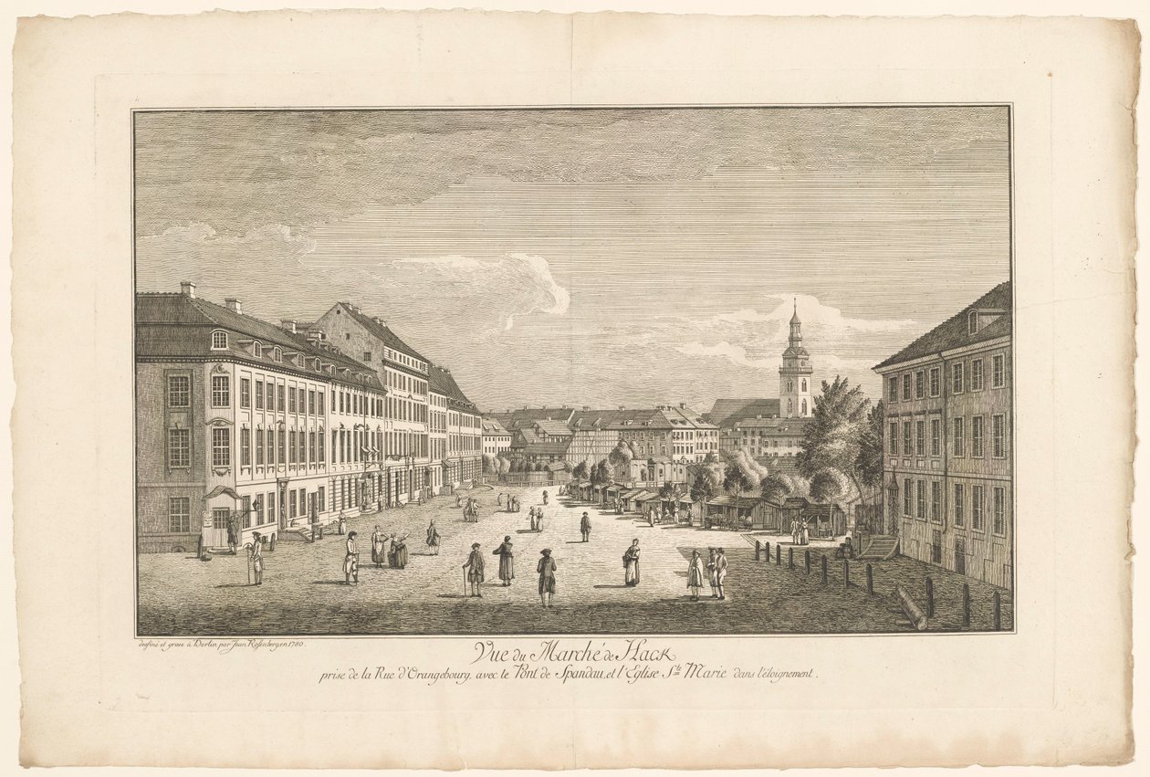 Gezicht op de Hackescher Markt in Berlijn, met de Marienkirche op de achtergrond
从奥兰治堡街拍摄的哈克街景色，远处是斯潘道桥和圣玛丽教堂（标题见实物） 作者 约翰·乔治·罗森伯格