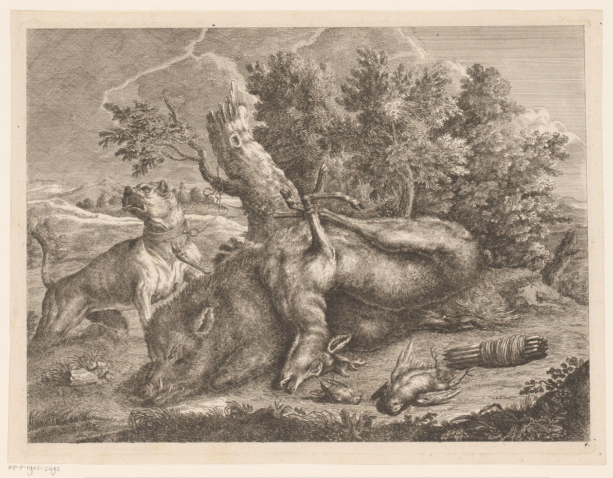 狩猎犬和狩猎靴与野猪、鹿和鸟类
户外狩猎（系列标题） 作者 Johann Georg Wachsschlunger
