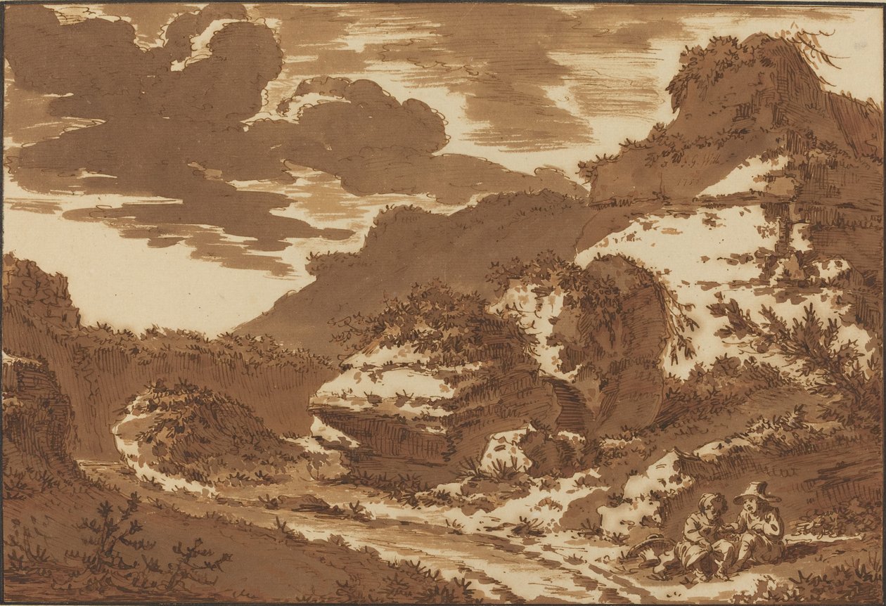 两个孩子坐在杂草丛生的废墟附近 作者 约翰·乔治·威尔