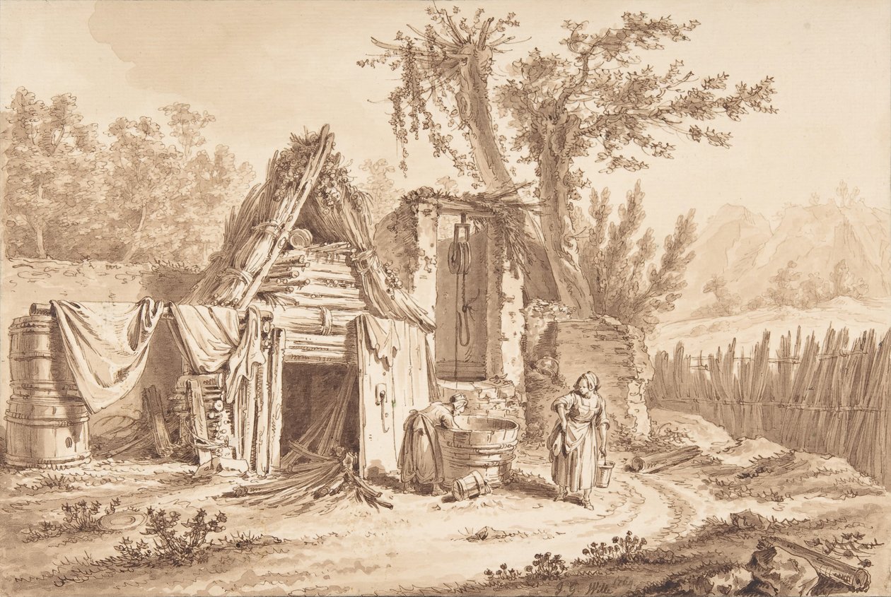 小屋前的洗衣女工，1769年。 作者 约翰·乔治·威尔
