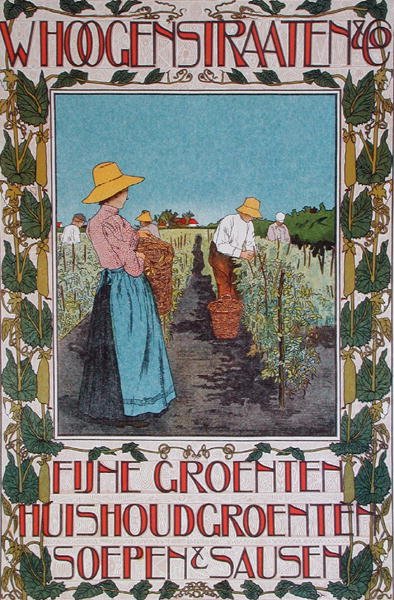 收获豌豆，广告海报 "Whoogenstraaten & Co., purveyors of fine vegetable, soups and sauces "约1898-90（彩色平印）。 作者 约翰·乔治·范·卡佩尔