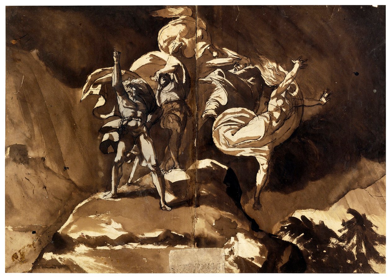 漂浮在麦克白和班柯上方的女巫 - par Fussli (Fuseli), Johann Heinrich (1741-1825), - 钢笔、毛笔、棕色印度墨水、白颜色、黑色粉笔，纸上，46,5x66,2 - 私人收藏 作者 约翰·海因里希·弗斯利（Johann HeinrichFüssli）