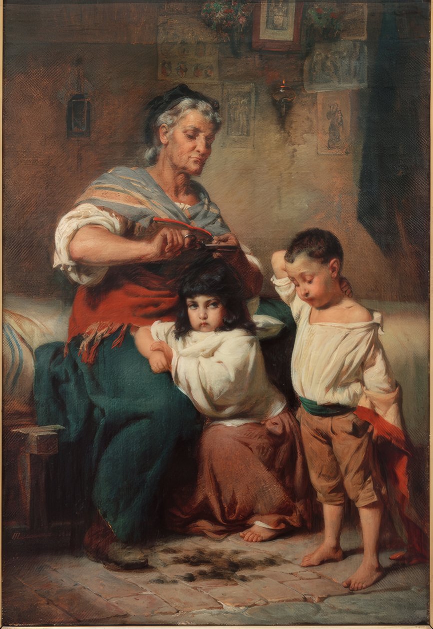 Großmutter, ihren Enkeln die Haare schneidend 作者 约翰·海因里希·哈塞尔霍斯特