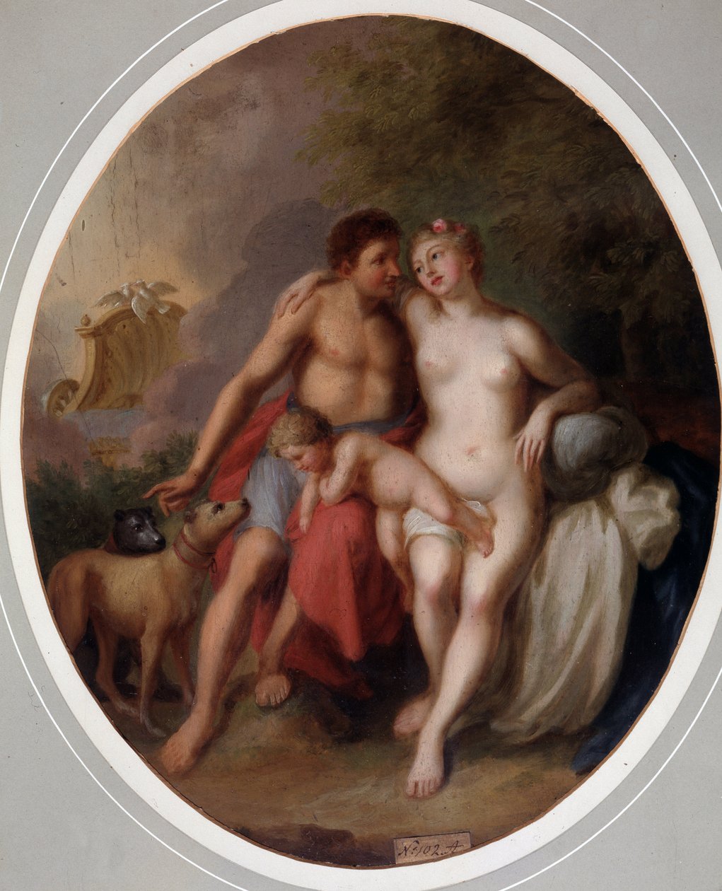 维纳斯与阿多尼斯》（Venus et Adonis）。约翰-海因里希-威廉-蒂施贝恩（Johann Heinrich Wilhelm Tischbein，1751-1829 年）（又名歌德-蒂施贝恩或歌德-蒂施贝恩）的画作。水彩画 作者 约翰·海因里希·蒂施贝恩（Johann Heinrich Tischbein）