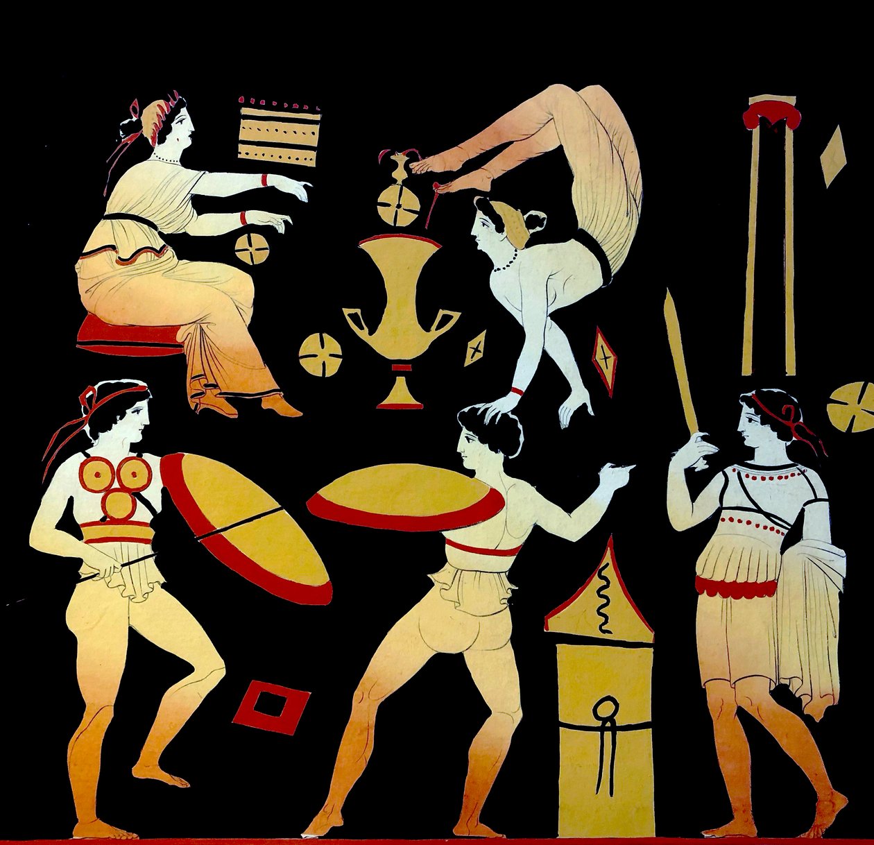 约 1796 年，杂技演员和三名男子在表演皮尔希奥斯或皮尔希克战争舞蹈（铜板雕刻） 作者 约翰·海因里希·威廉·蒂施贝因