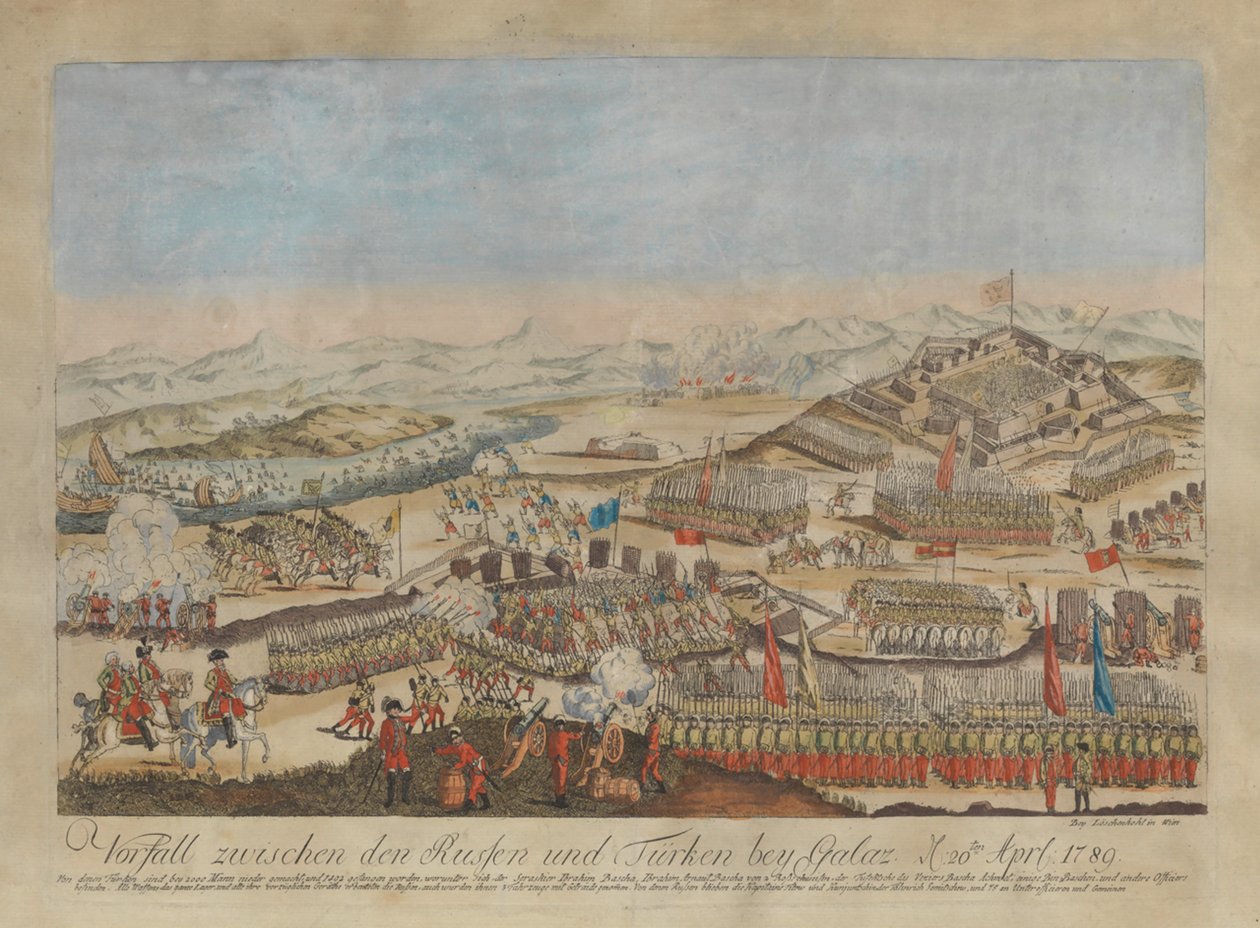 1789年4月20日，俄罗斯和奥斯曼军队在加拉茨发生的事件，1789年。 作者 约翰·希罗尼缪斯·罗申科